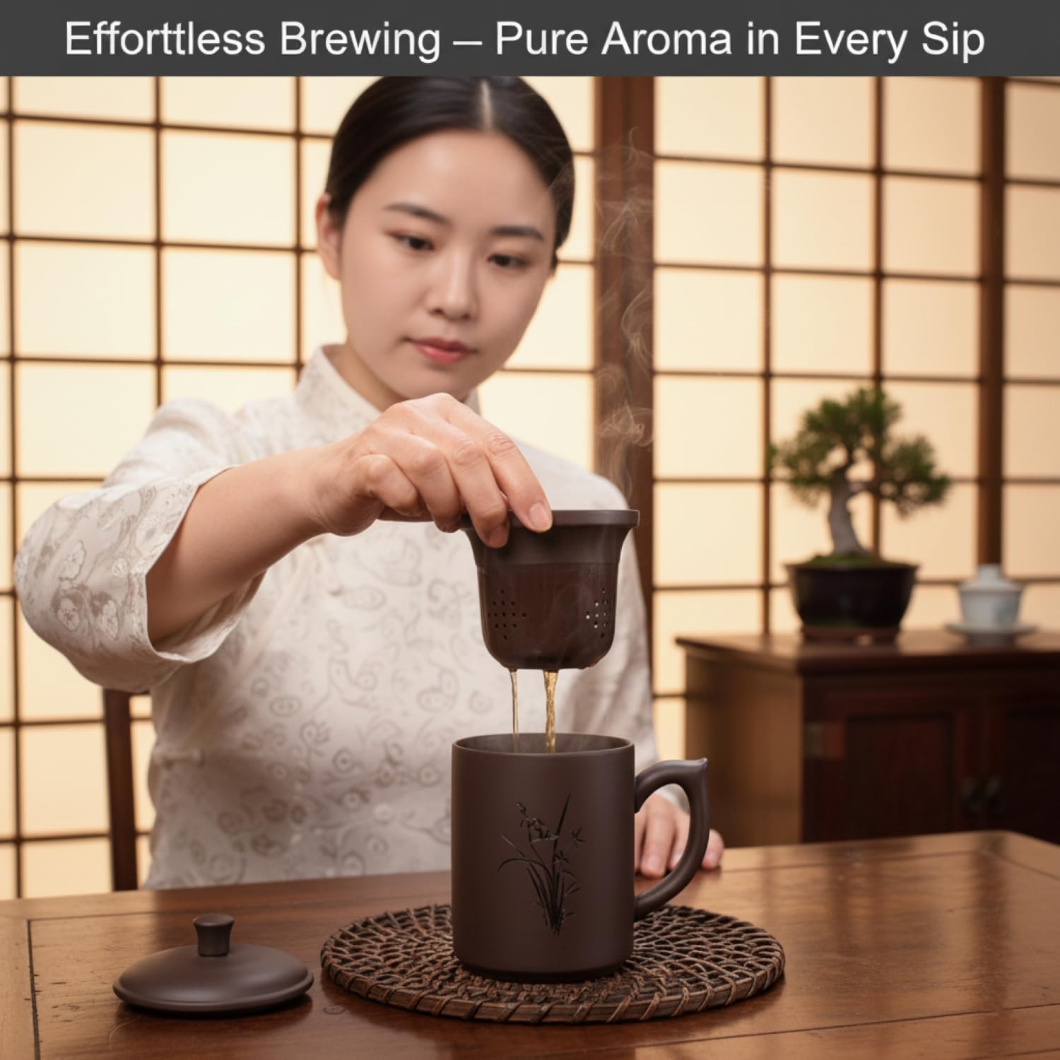 I-MART Tasse à thé, tasse à thé en argile violette avec infuseur et couvercle (383 g – fleur)