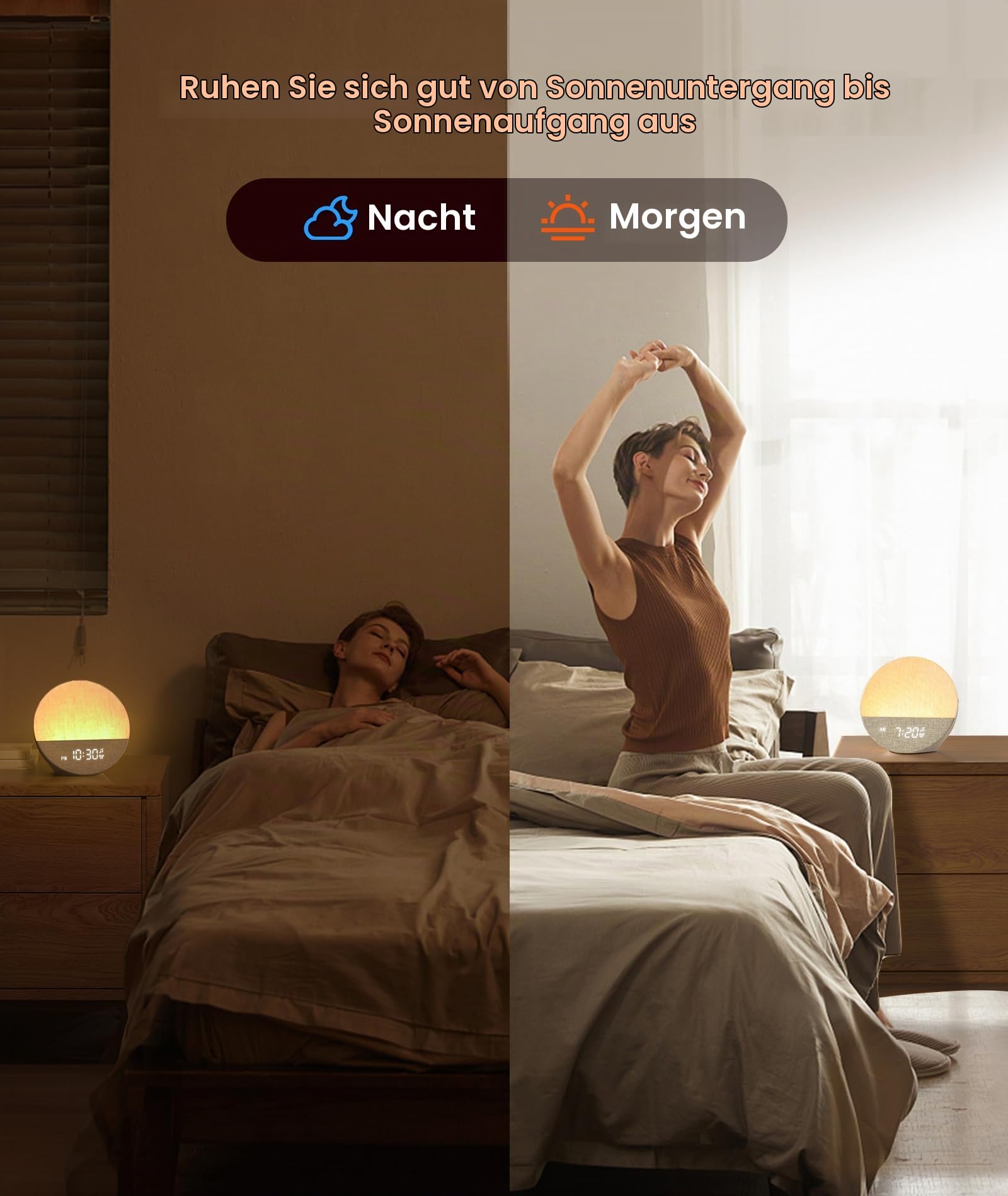 Dreamegg Sunrise 1 Lichtwecker Sonnenaufgang White Noise Machine, 29 Beruhigende Klänge, Anpassbare Schlafroutinen, Weißes Rauschen Gerät Dimmbares Nachtlicht, Wake Up Light Wecker (Khaki)
