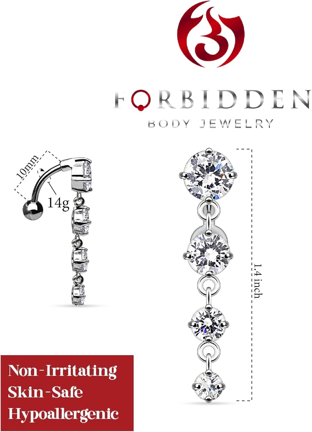 Forbidden Body Jewelry 14G Belly Button Rings Dangle 316l Surgical Steel Belly Ring with Casacade of Clear Gems - Image 2