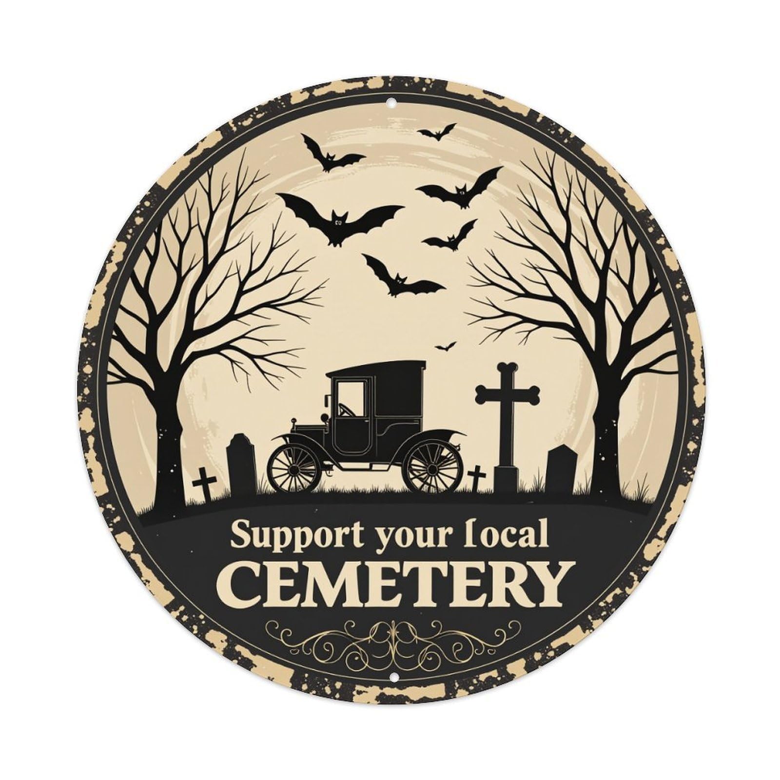 Spooky Cemetery Car Bats Trees Round Tin Sign Retro Metal Sign for Cafe Bar Pub Home Game Room Gym Club Wall Decoration Vintage Metal Poster 8x8 Inch