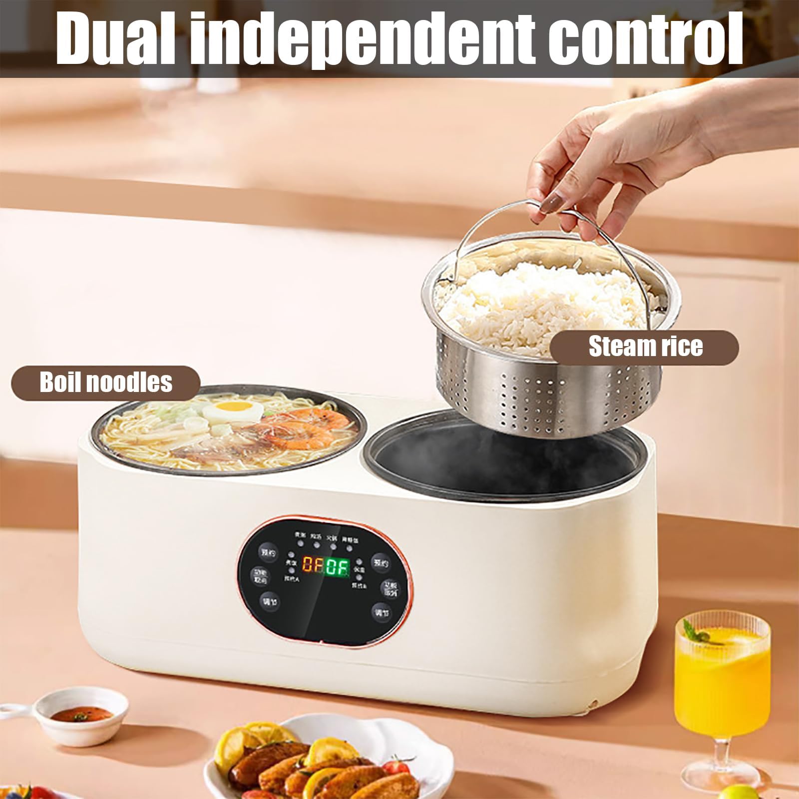 Olla Arrocera Doble De Cocción Lenta Con Bajo Contenido De Azúcar, 1.8l+1.8l, 6 Funciones, Temporizador De 9.5h Y Función Para Mantener Caliente De 8h, Olla Eléctrica Multifuncional