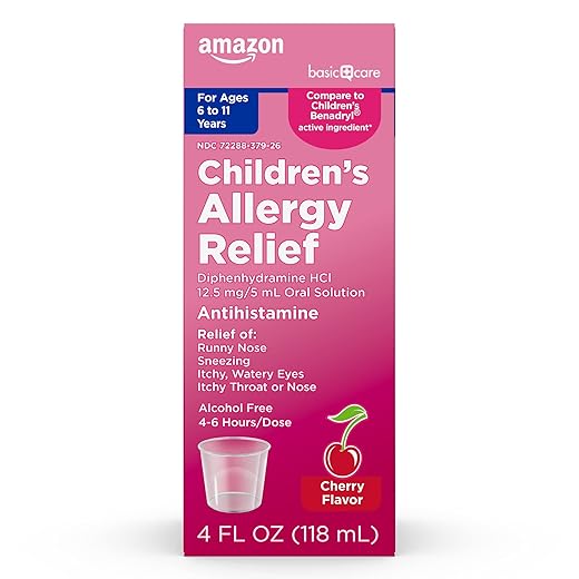 Amazon Basic Care Children's Allergy Relief Oral Solution, Diphenhydramine HCl, Cherry Flavor, 4 fl oz (Pack of 1)