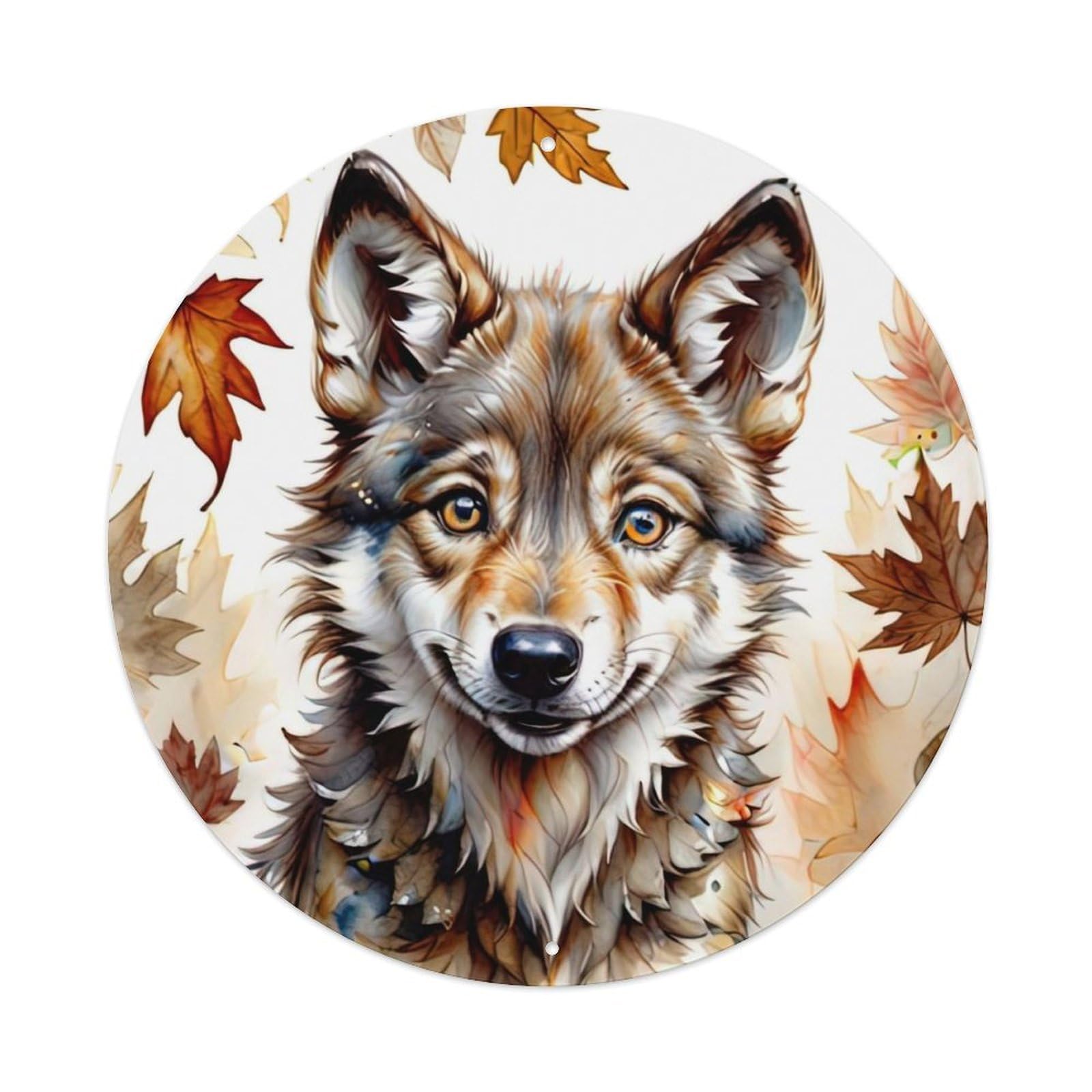 Animal Artwork Wolf Among Autumn Leaves Vintage Metal Tin Sign Plaque Wall Decor for Cafe, Club Bar, Office, Garden Metal Poster 8x8Inch