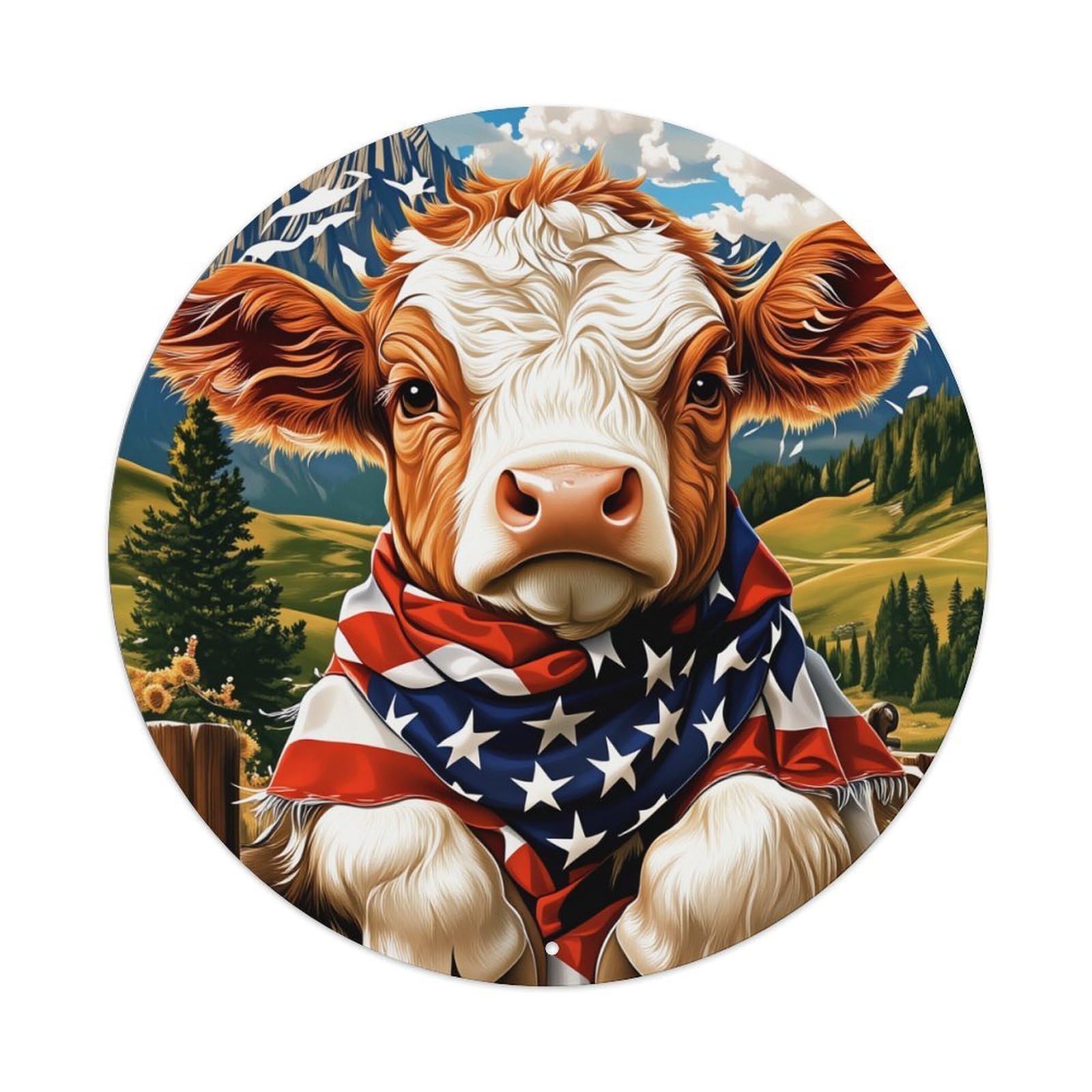 American Flag Cow Mountain Landscape Round Tin Sign Vintage Metal Poster, Home Bar Garage Man Cave Cafe Indoor & Outdoor Wall Decoration 8x8Inches