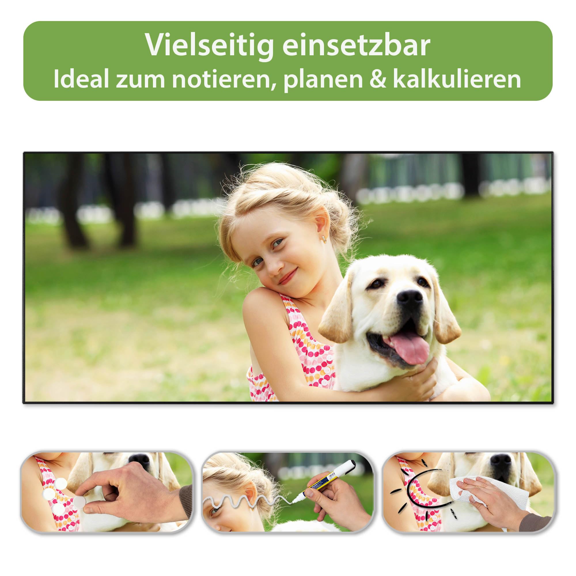banjado Magnettafel Metall 78 x 37cm - beschreibbare Magnettafel - Metall Pinnwand als Memoboard - Magnetwand Küche, Büro, Kinderzimmer Schwarz inkl. 4 Magnete & Montageset - Motiv Wunschmotiv