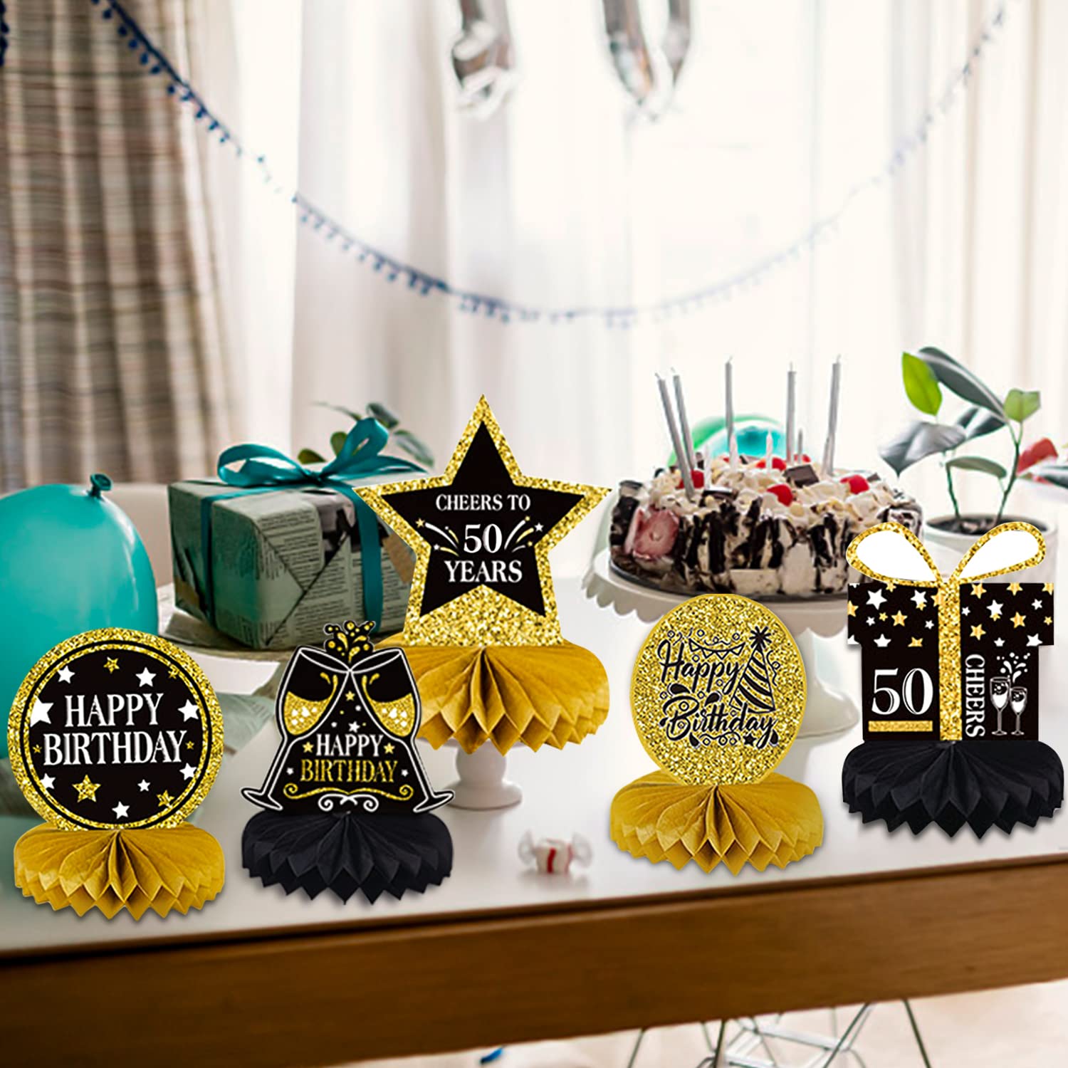 Centrotavola Compleanno Elegante - Set 9 Pezzi Nido D'Ape Nero E Oro Per Feste - Foto 8