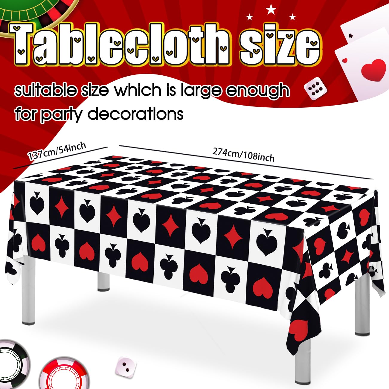 Haimimall 3Pcs Casino Theme Party Decorations Poker Tablecloth Poker Plastic Disposable Table Cover Large Size 54 x 108 Inch Rectangular Tablecloths for Game Birthday Picnic Supplies