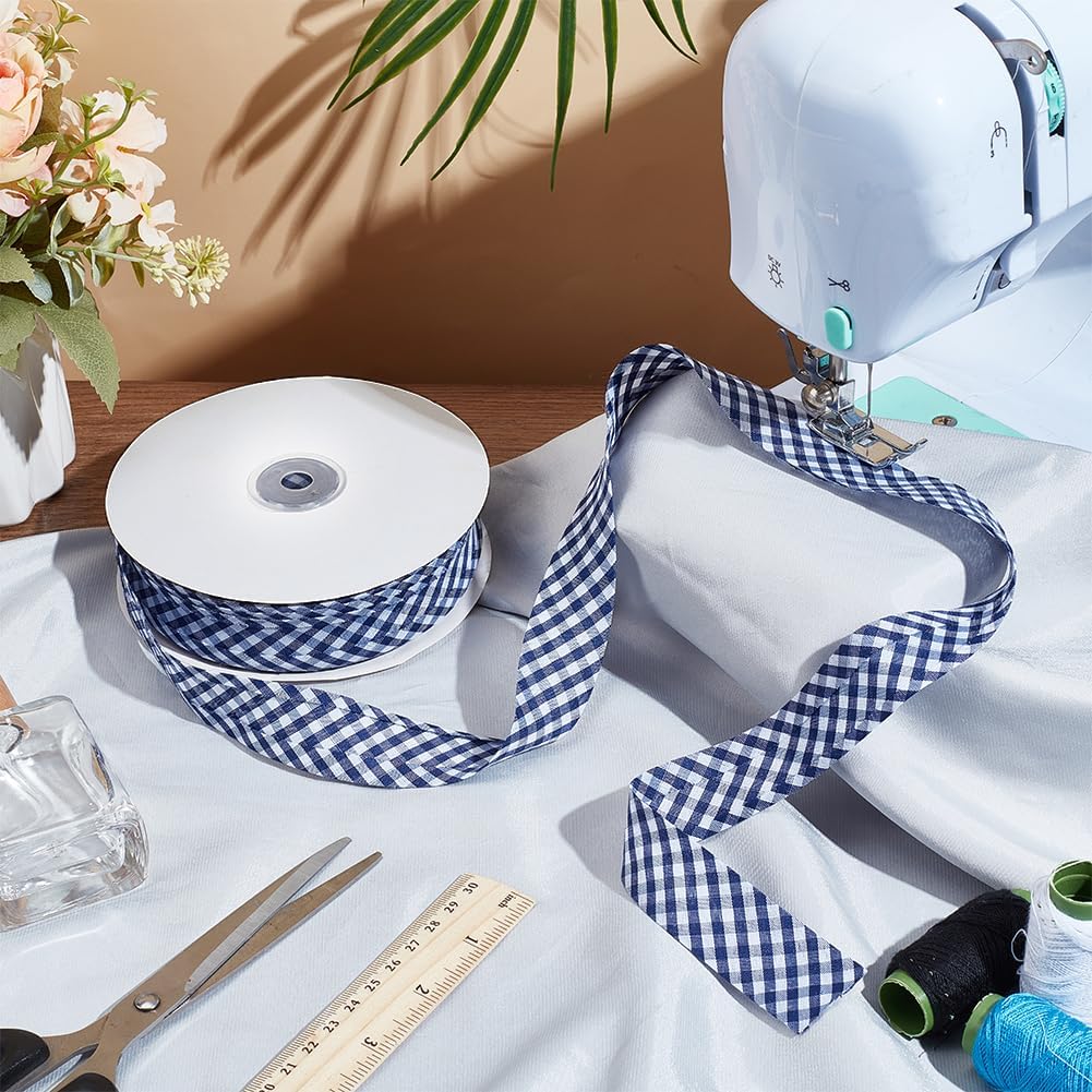 NBEADS 40 Yards Double Fold Bias Binding Tape, 4/5 Inch Gingham Bias Binding Tape Blue Gingham Pattern Bias Tape for Sewing Seaming Hemming Piping Quilting