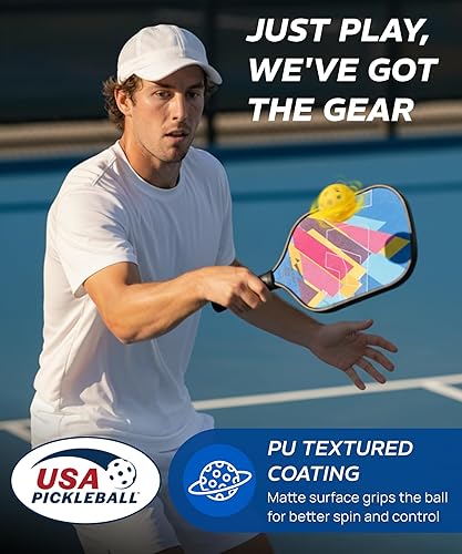 Miniatura 7 de Juego de 2 palas de pickleball de fibra de vidrio, duraderas y ligeras, aprobadas por USAPA, paquete de 2 raquetas de pickleball para mujeres