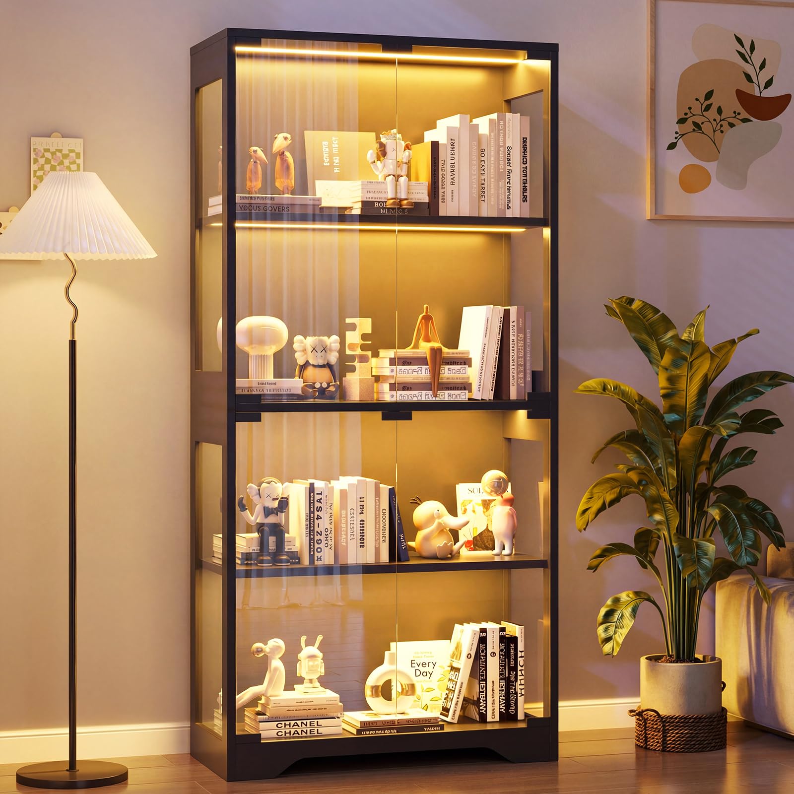 JUMMICO Vitrine en Verre LED Multicolore, Effets Lumineux Dynamiques, Vitrine Salon pour Collections avec 4 Niveaux, 80 x 35 x 165,5(H) cm Noire