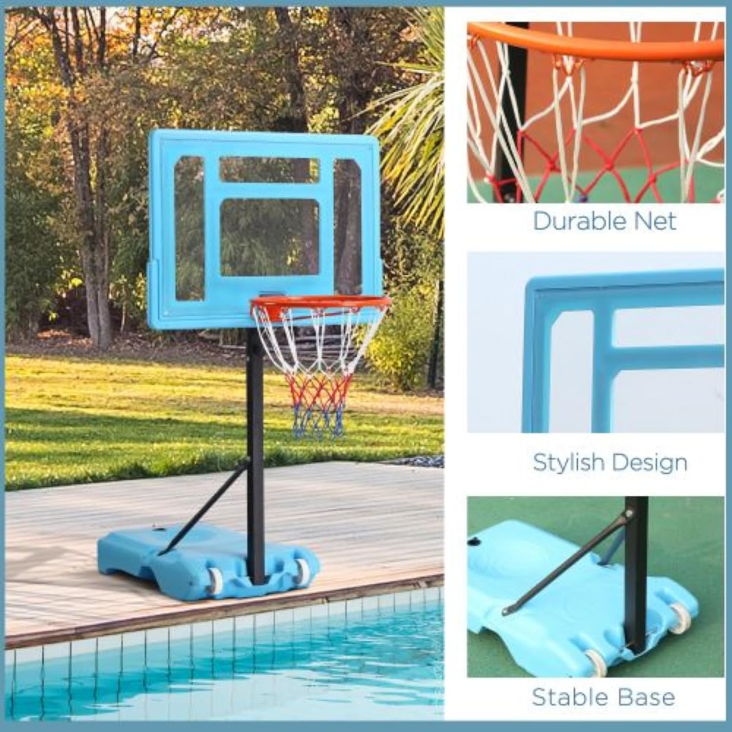 Poolside Basketball Stand, Outdoor Shooting Stand, Portable Basketball Stand System, 36.5" - 48.5" Height Adjustable with Transparent Backboard and Padded Base, Suitable for The Whole Family, Blue