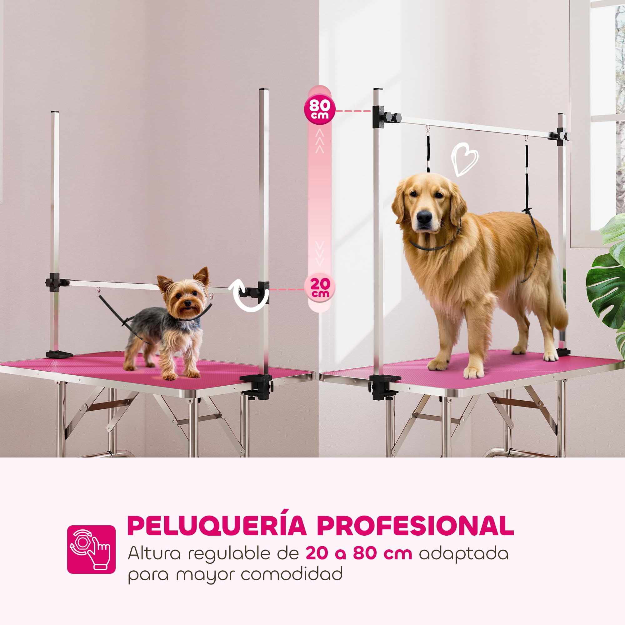 PawHut Table de toilettage pliable, table de toilettage avec panier en métal, plan de travail antidérapant, barre réglable en acier inoxydable, pour chiens, chats, 107x60x164 cm, rose