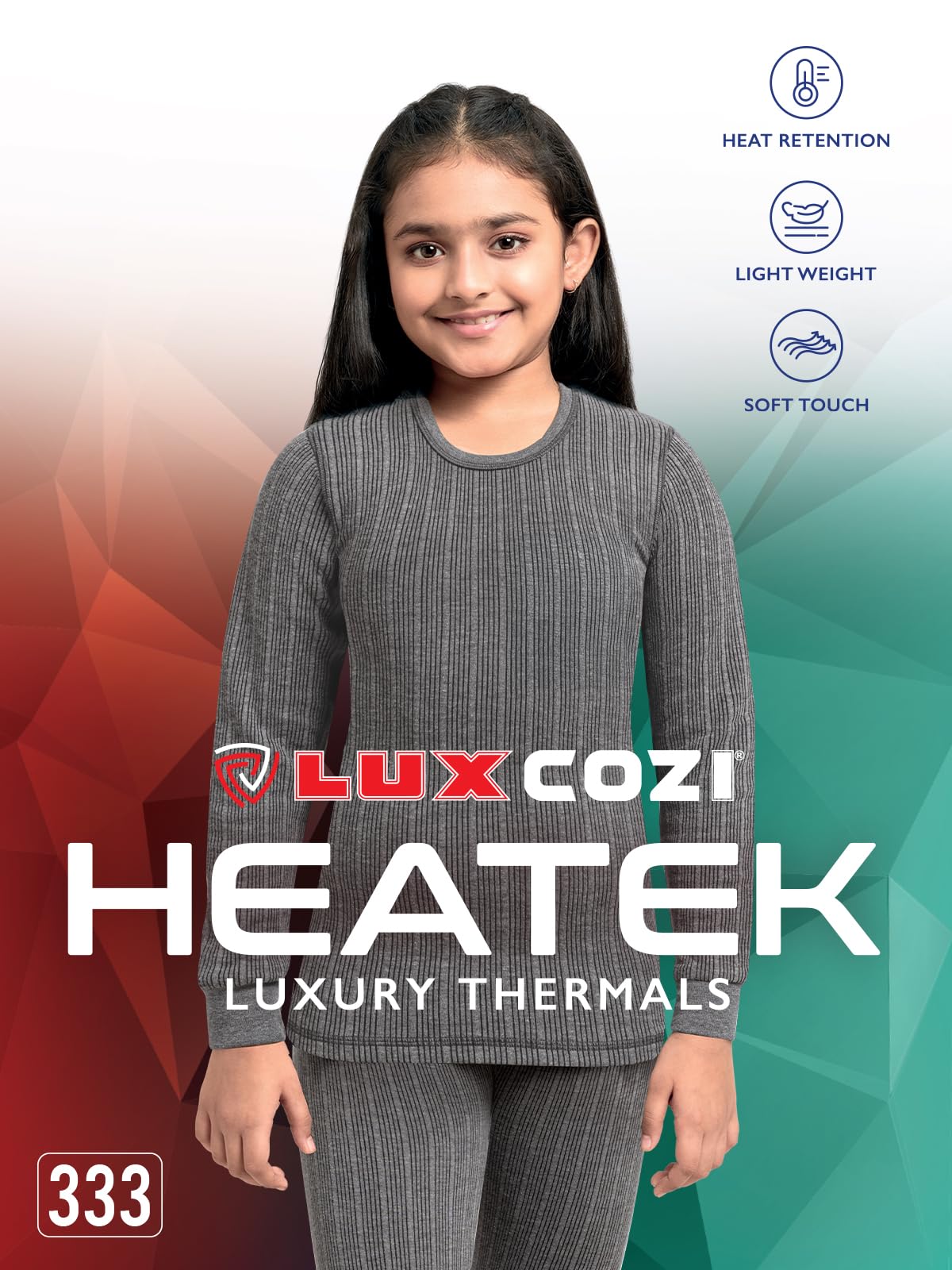 Lux Cozi HEATEK Girl's Round Neck Full Sleeves Thermal Set_HEATEK_333_Girls_FSO_TRO_CM_70_Set Charcoal Melange 2
