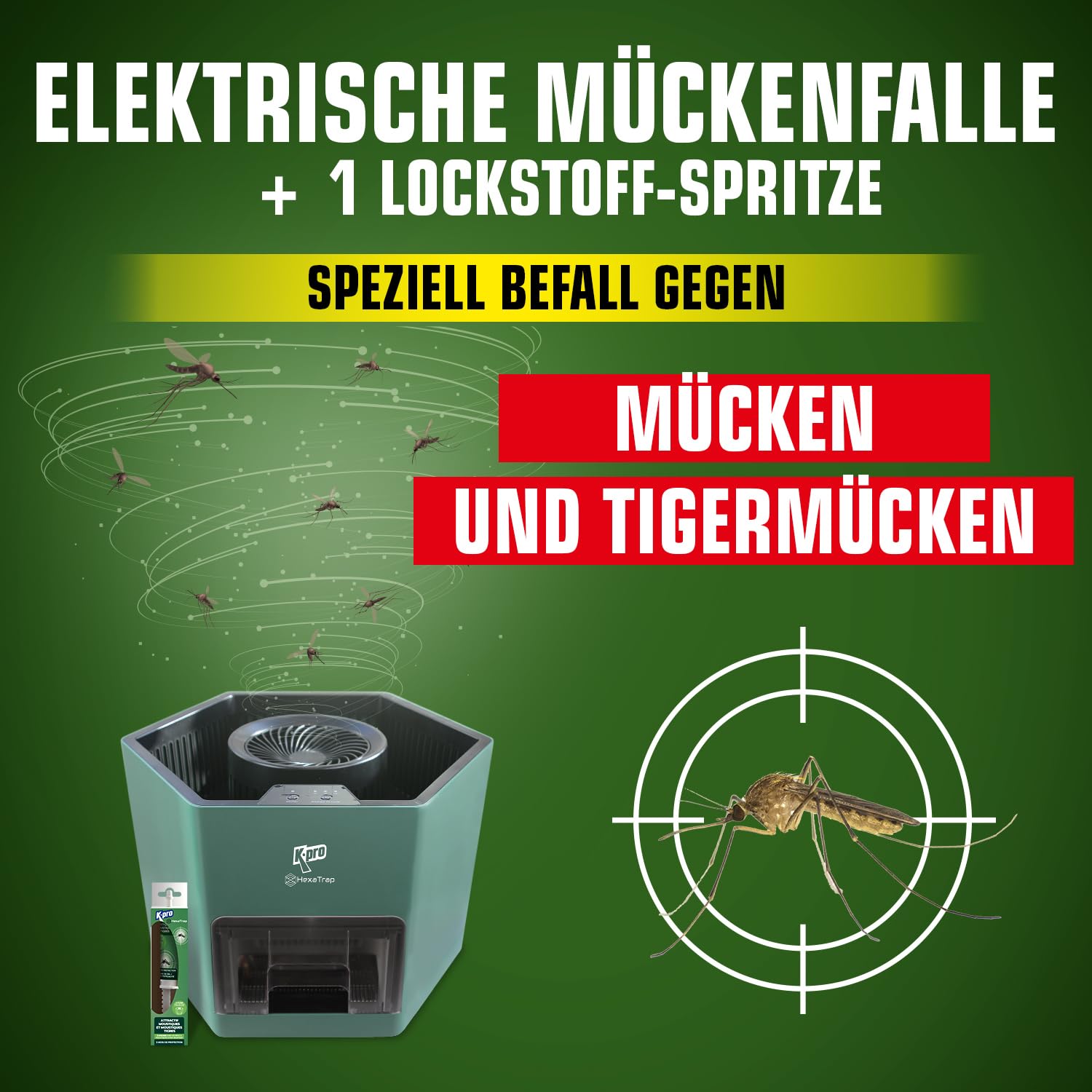 K.PRO Elektrische Mückenfalle + 1 Lockstoff-Spritze | Mücken und Tigermücken, lockt und fängt ein, Hexatrap, 3 Monate Ruhe, Verwendung im Freien, leise und geruchlos