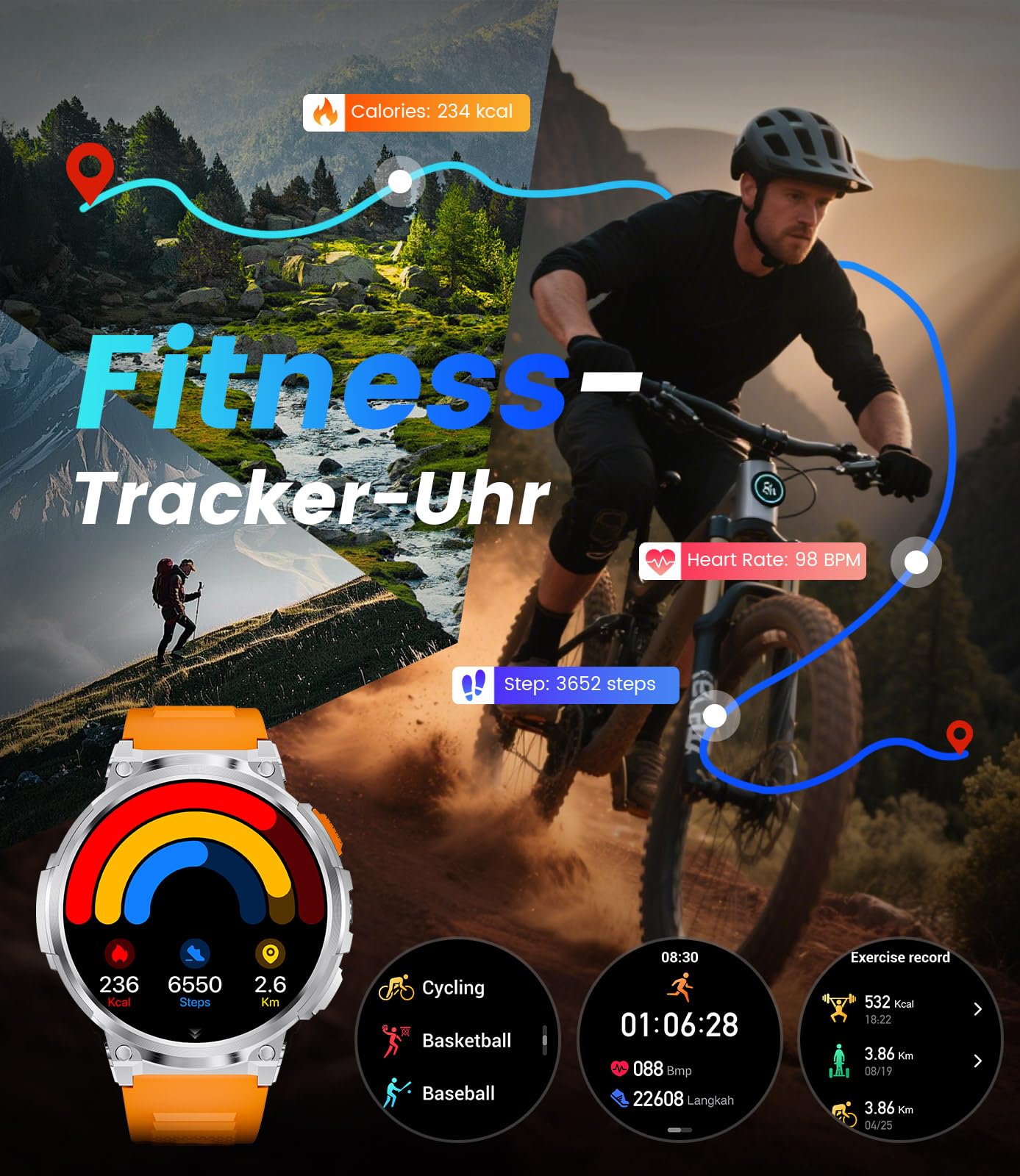 ESFOE Smartwatch Uomo Militare con 1000mAh/Torcia LED,1.85" Orologio Smart Watch con Chiamate Bluetooth,5ATM Impermeabile Tracker Attività 130+ Sportive/Cardiofrequenzimetro Argento Platino