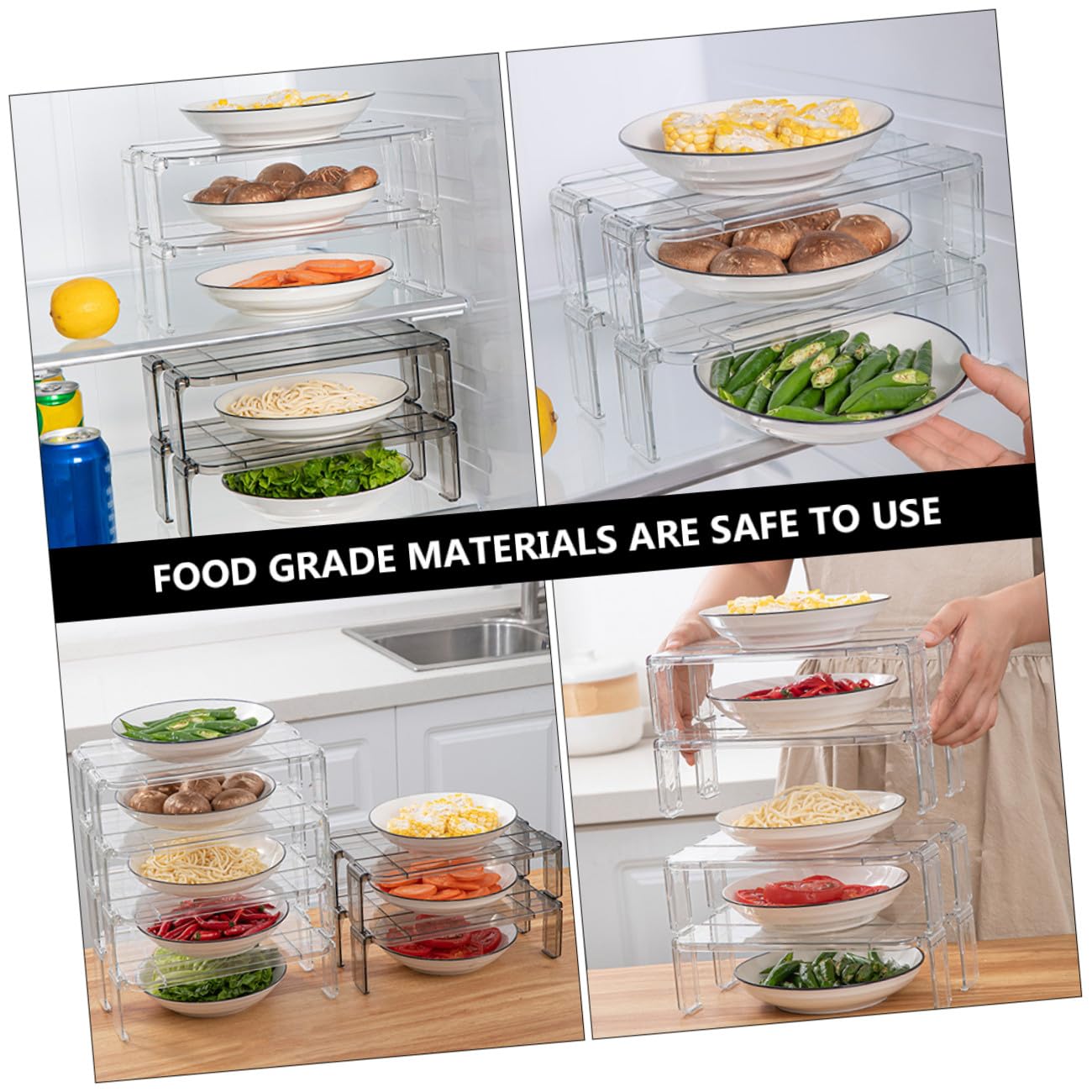2 pezzi Scaffale Frigorifero Trasparente Supporto Impilabile per Organizzazione Cucina e Frigo Porta Spezie e Accessori Materiale Sicuro e Resistente