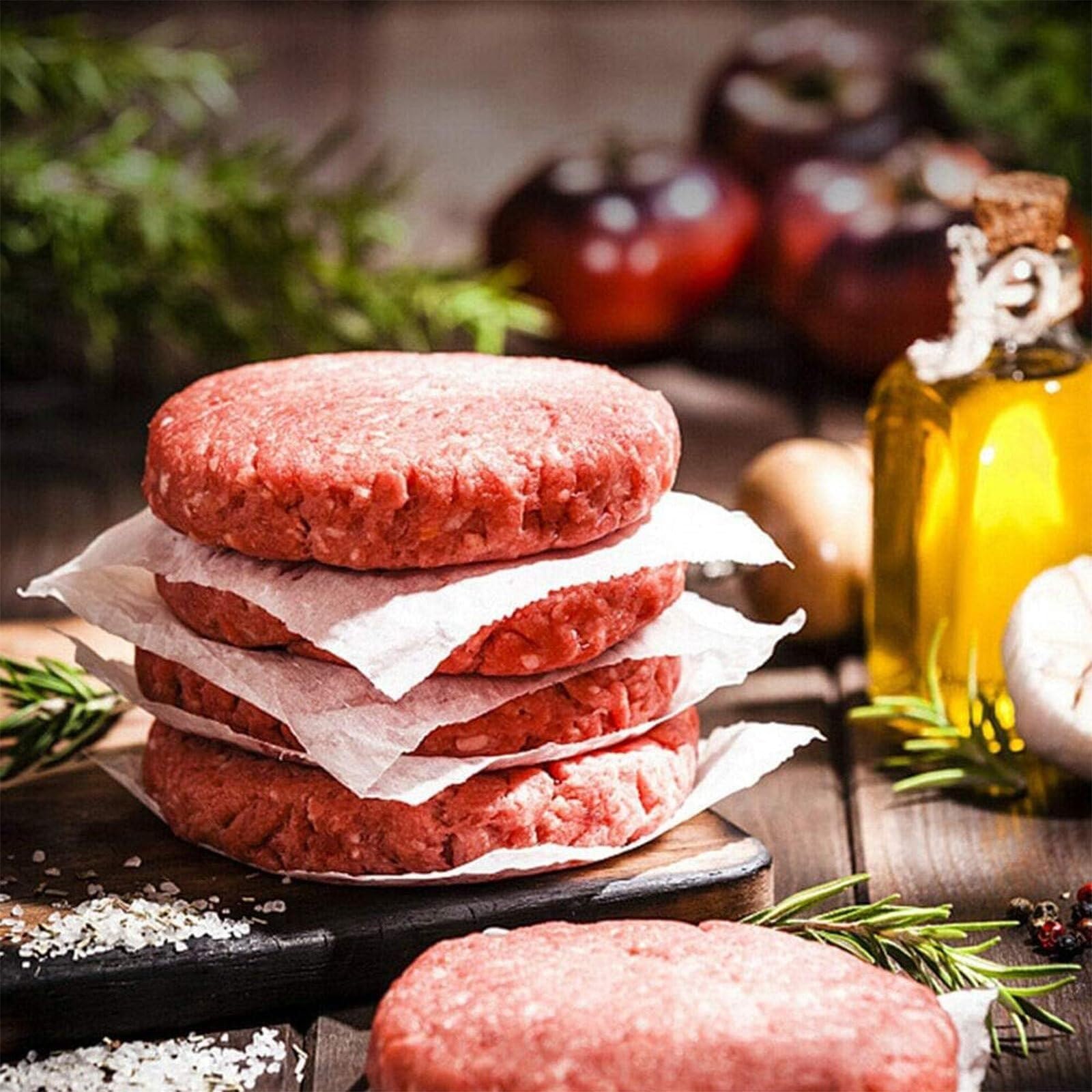 Burgerpresse Patty Maker – robuste manuelle Hamburgerpresse aus Edelstahl mit 100 Stück Wachspapier für Restaurants und Gastronomie, 11,2 cm, 12,7 cm, 15,2 cm, 15,2 cm