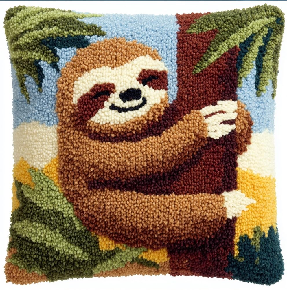 kitphoenix Latch Hook Cushion Kit -Sloth 17X17Inch, DIY Needlework Pillow Cover Cushion Rug Making Kit for Adults