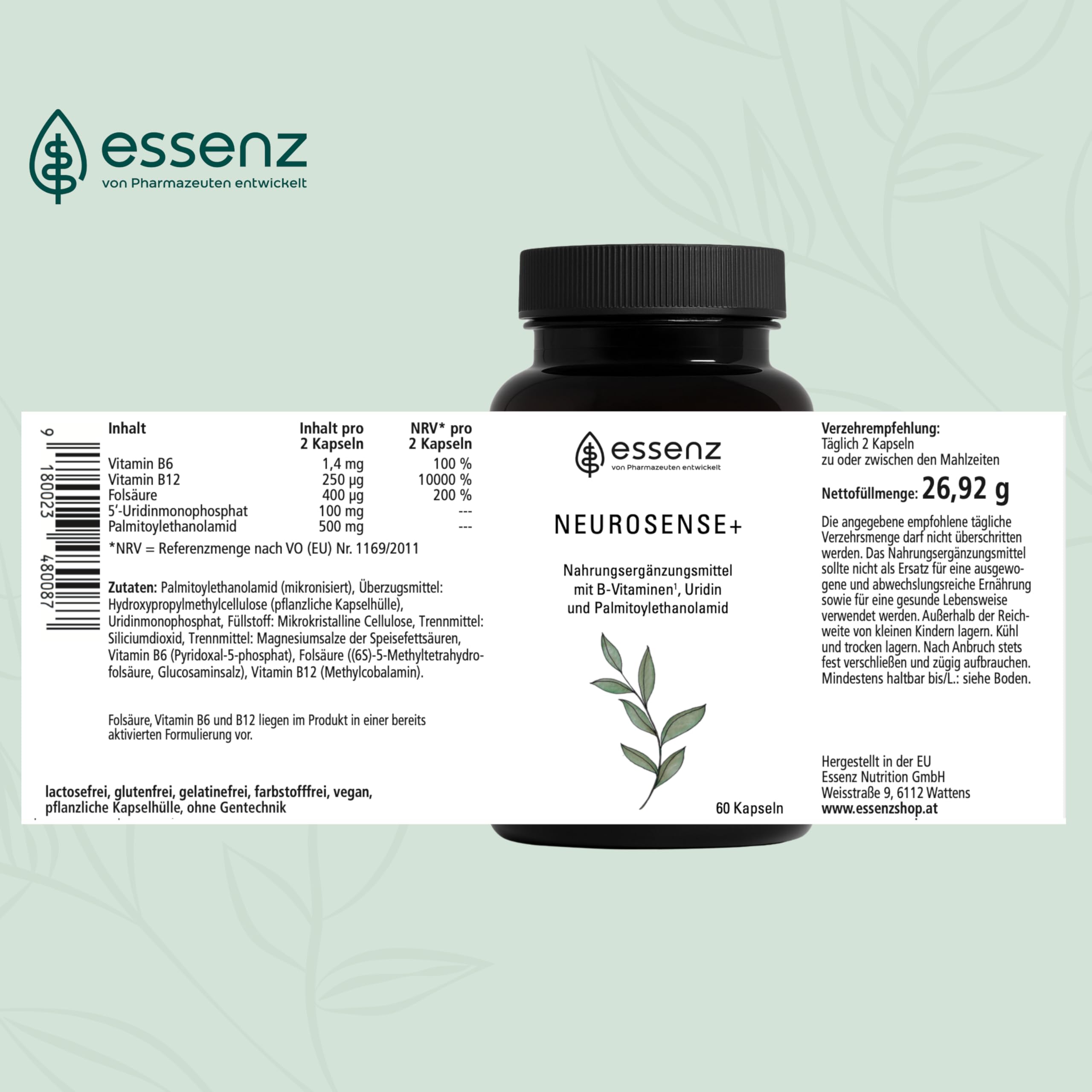 ESSENZ - Neurosense+ 60 Kapseln - Zur Unterstützung der normalen Zell- und Nervenfunktion. Natürliche Kapseln mit Folsäure sowie Vitamine B6 & B12. Made in Germany