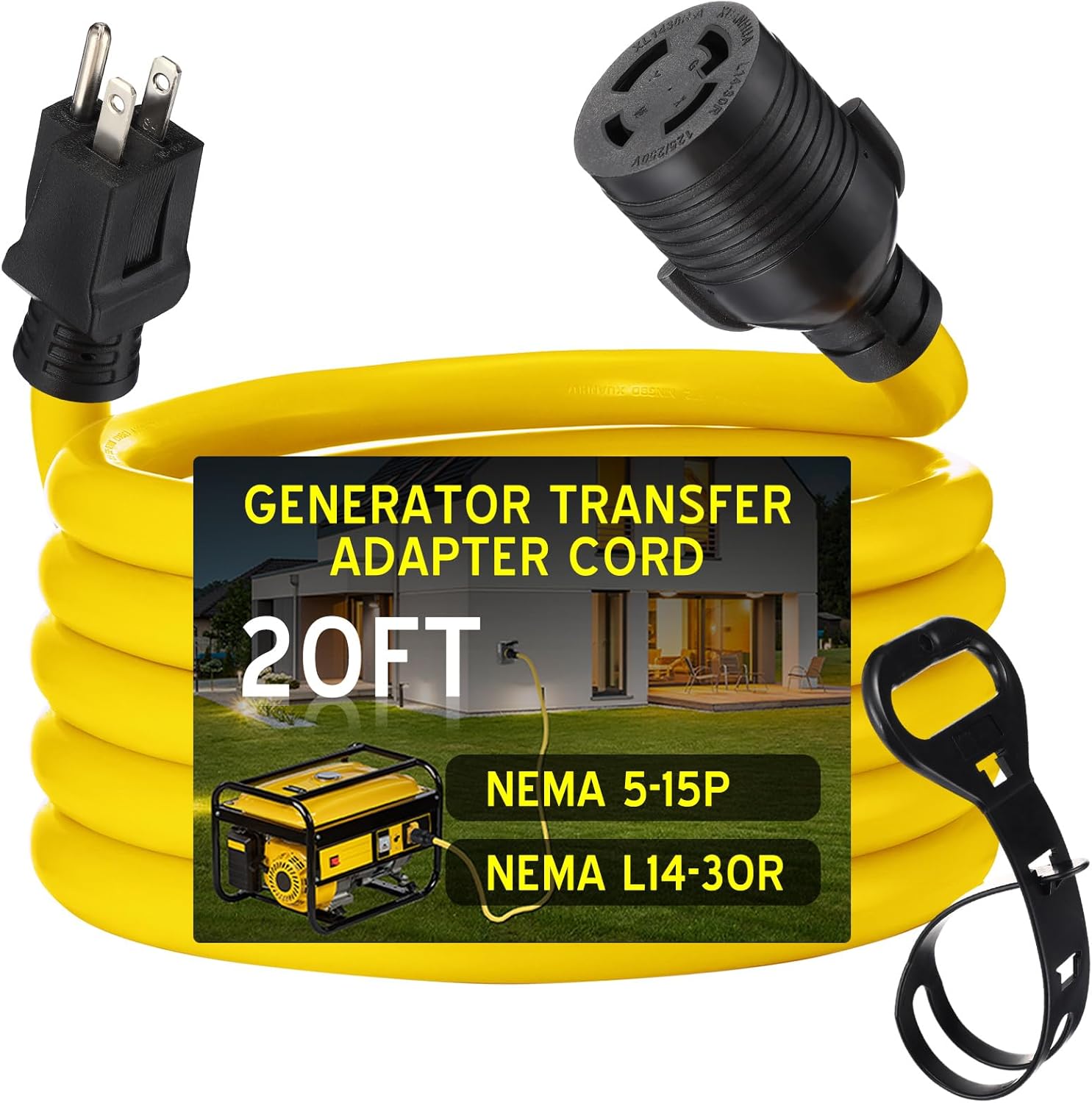 25 FT 5-15P to L14-30R Adapter Cord Generator Transfer Switch, Generator House Inlet Box Adapter, 15Amp 3Prong 5-15 Male to 30Amp 4Prong L14-30 Locking Female, 10 AWG, ETL Listed