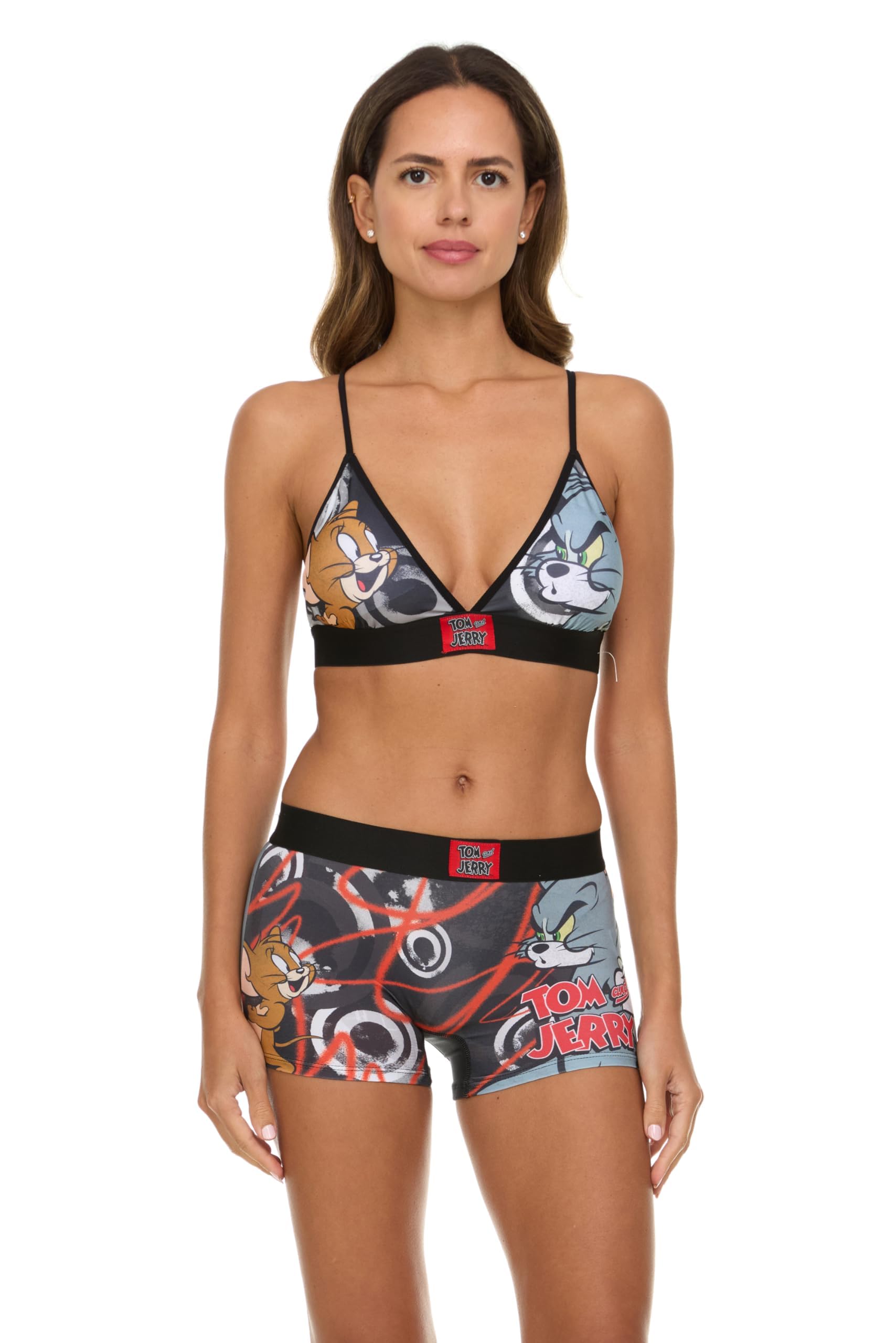 COCO BRANDS SpongeBob & Patrick Womens Underwear Set - 2 Piece Tom and Jerry, Betty Boop Boy Shorts & Sports Bras for Women, Tom & Jerry Black/Red, S