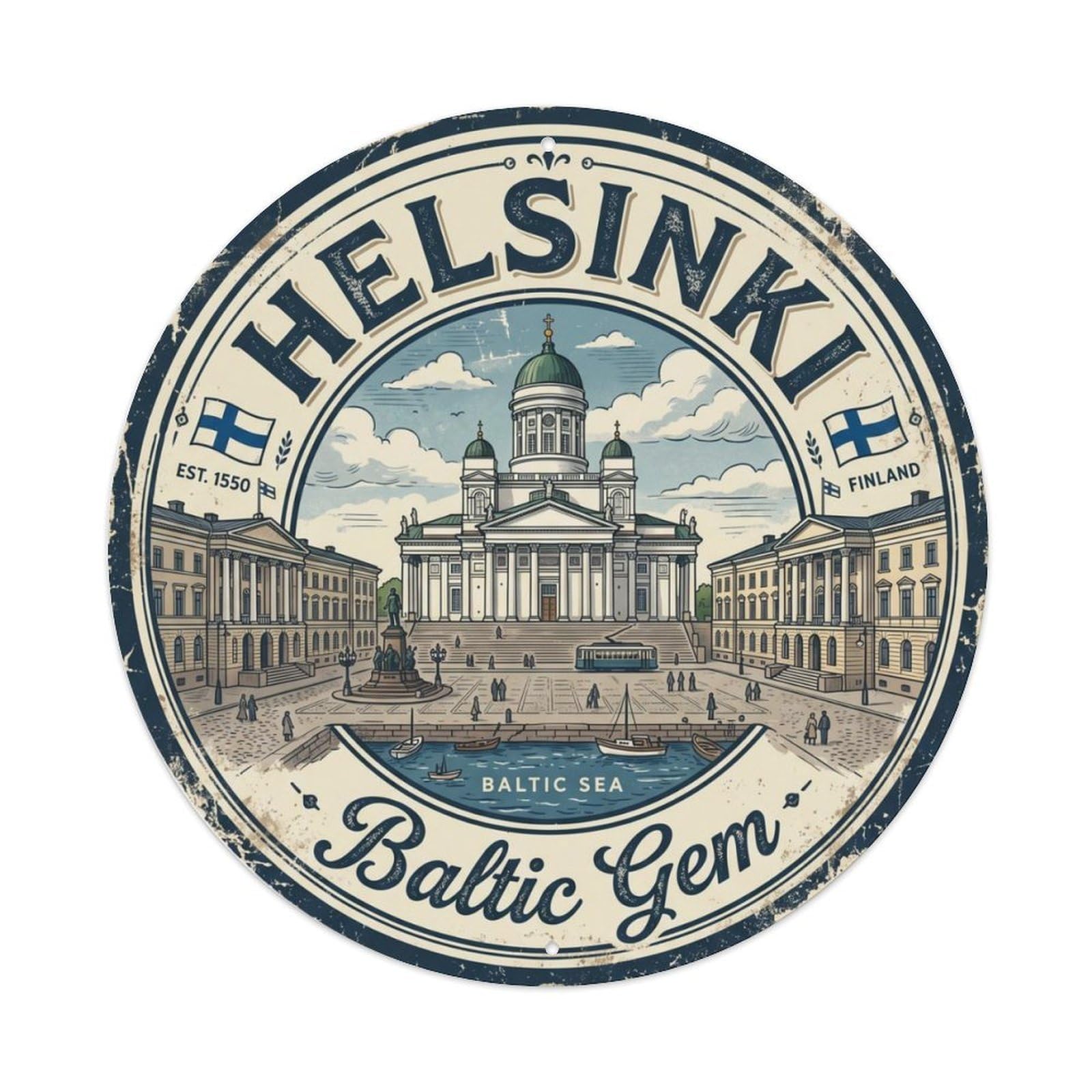 Gtthok Vintage Style-8 Vintage Travel Helsinki Cathedral Senate Metal Tin Sign Plaque Wall Decor For Cafe, Club, Garden Round Metal Poster 8X8inch