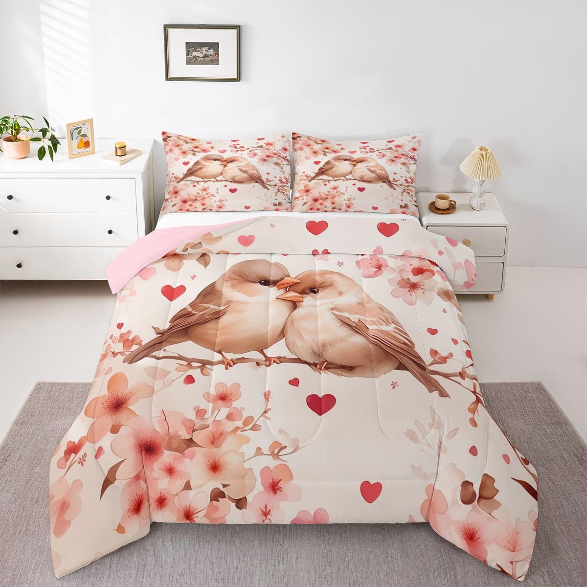 Erosebridal Chickadee Twin Comforter Set Pink Valentine Bedding Set for Kids Girls Love Heart Pattern Bedroom Decor Heart Floral Spring Quilt Duvet