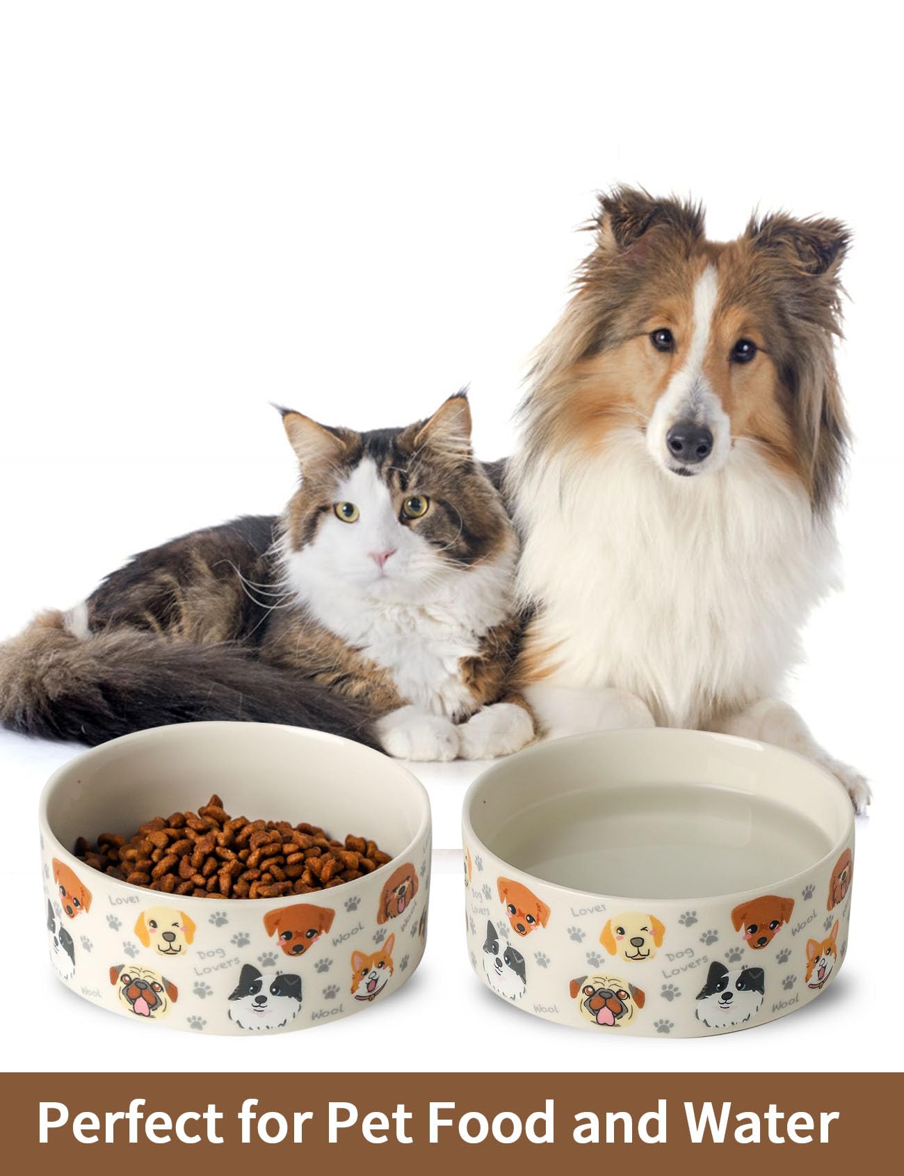 Keramik Hundenäpfe 2er Set, 15,5 cm Hundefutter Wassernapf mit niedlichem Muster, Haustier Hunde Geschirr für mittlere und kleine Hunde, Weiß