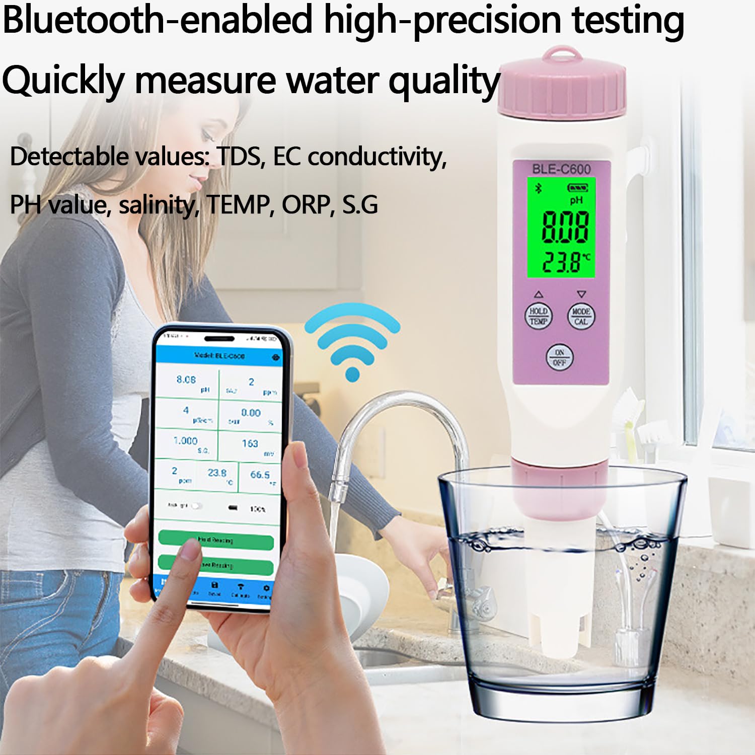 Probador digital de calidad del agua, 7 en 1, PH/TDS/EC/ORP/Salinidad/Temperatura con pantalla LCD retroiluminada, resistente al agua para agua potable, acuario, piscina