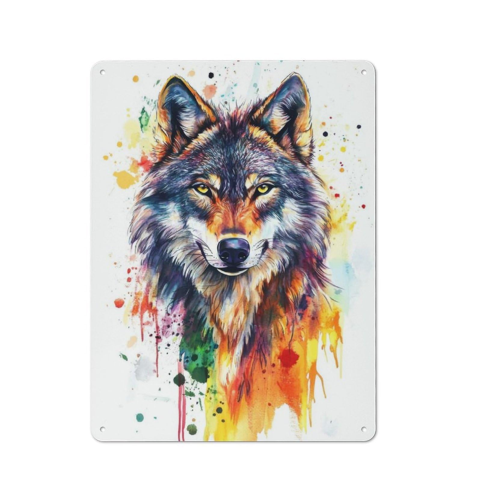 Junmoney Wolf Watercolor Painting Retro Metal Sign 40X30cm For Lounge Or Reading Corner, For An Autumn Wall Display In Lounge And Reading Corner
