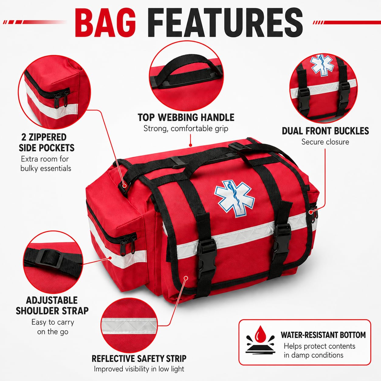 NOVAMEDIC Bolsa de Primeros Auxilios vacía Profesional, Color Rojo, 17 x 9 x 7 Pulgadas, transportador de Primeros Auxilios para traumatismos EMT para paramédicos y Kit de Suministros médicos de