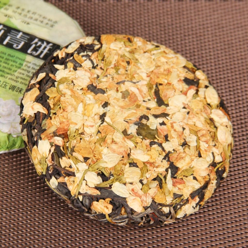 Thé Pu-erh Cru Du Yunnan | Gâteau De Thé Vert Au Jasmin | De Qualité A, Thé Floral Pressé Parfumé | Boisson Naturelle Saine (100g * 5)