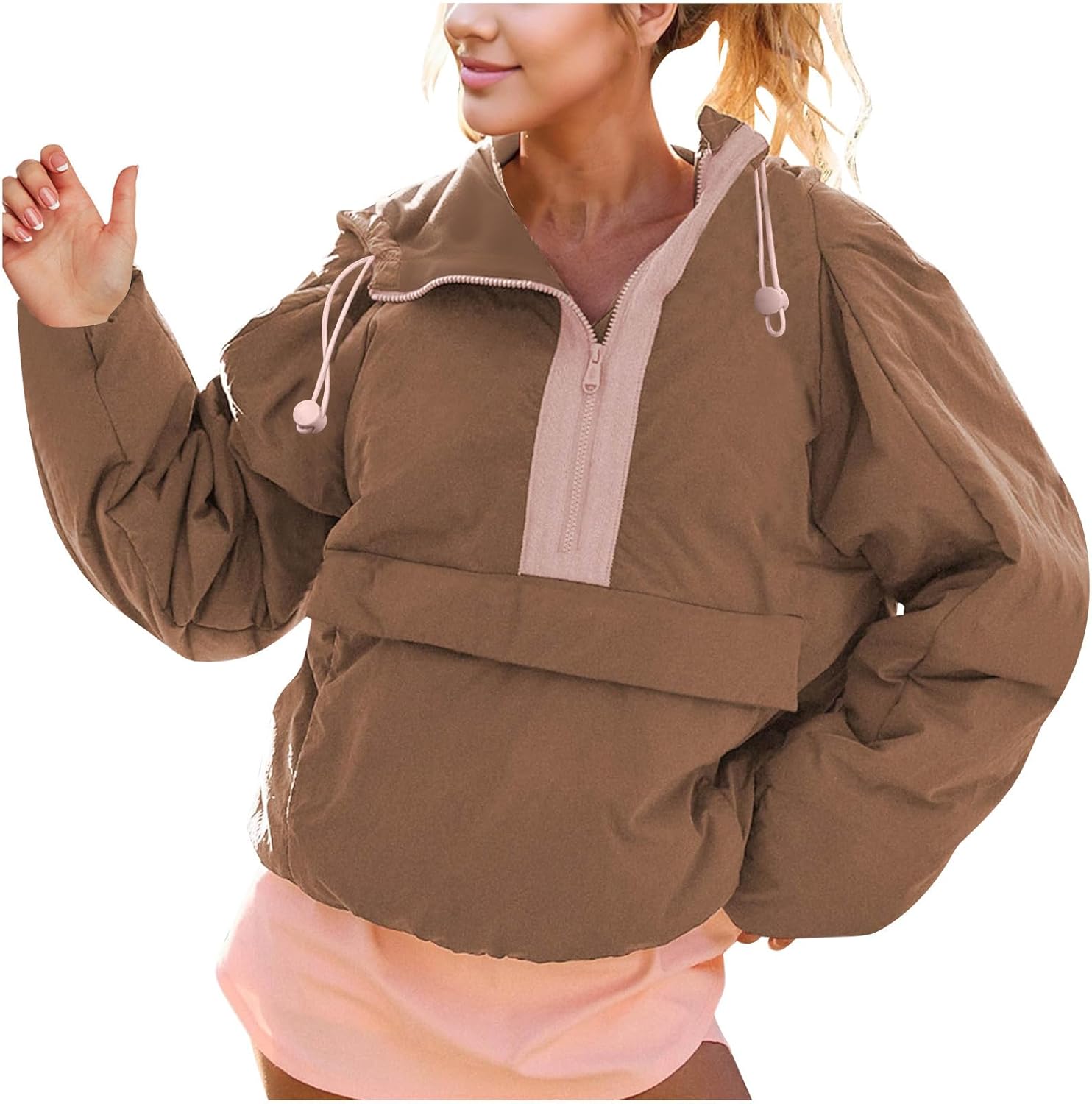 Half Zip Hooded Coat for Women Oversized Coat with Drawstring Puffer Long Sleeve Quilted Lightweight Jackets