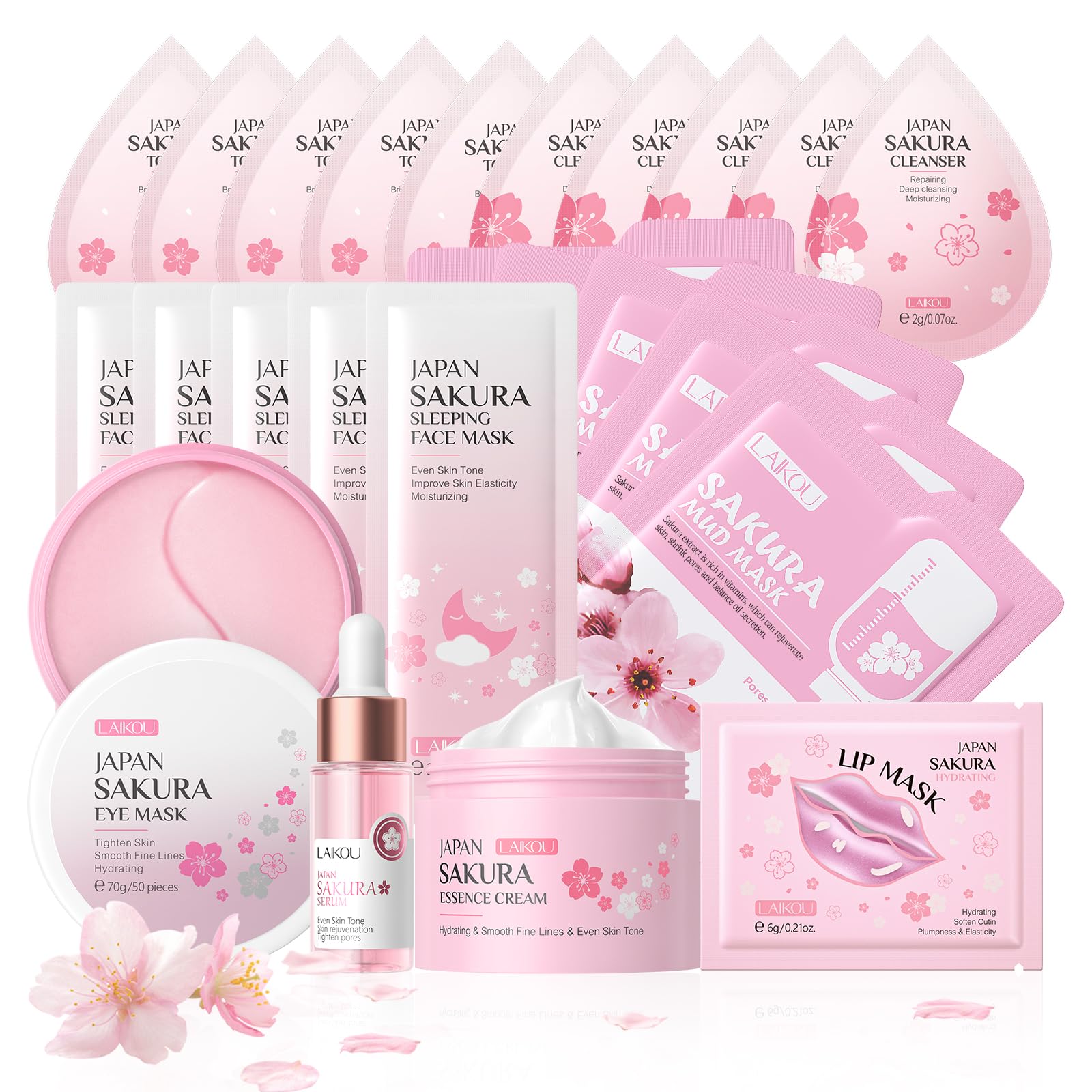 Skin Care for Teenage Girls, Sakura Skincare Set, Pamper Sets for Women Gifts, Facial Skin Care Sets & Kits - Toner,Cleanser,Face Serum,Cream,Sleep Mask,Eye Mask,Mud Mask,Lip Mask, 24PCS