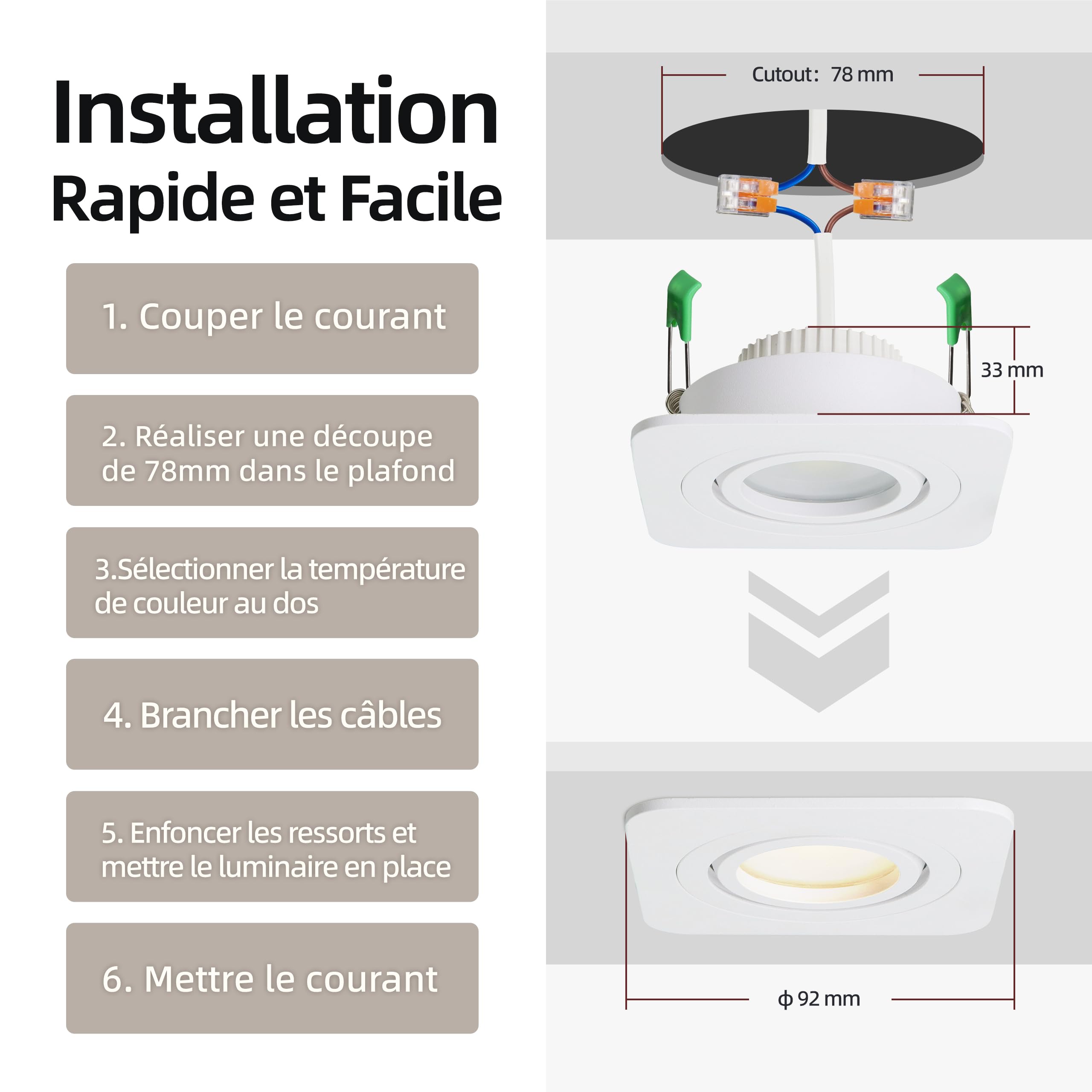 Spot Led Encastrable Dimmable Orientable, 5W 550LM Spot Salle de Bain IP65, Spots de Plafond Carrés, 230V Spots LED Blanc Chaud/Blanc Neutre/Blanc Froid Réglable, Ø78mm CRI90+