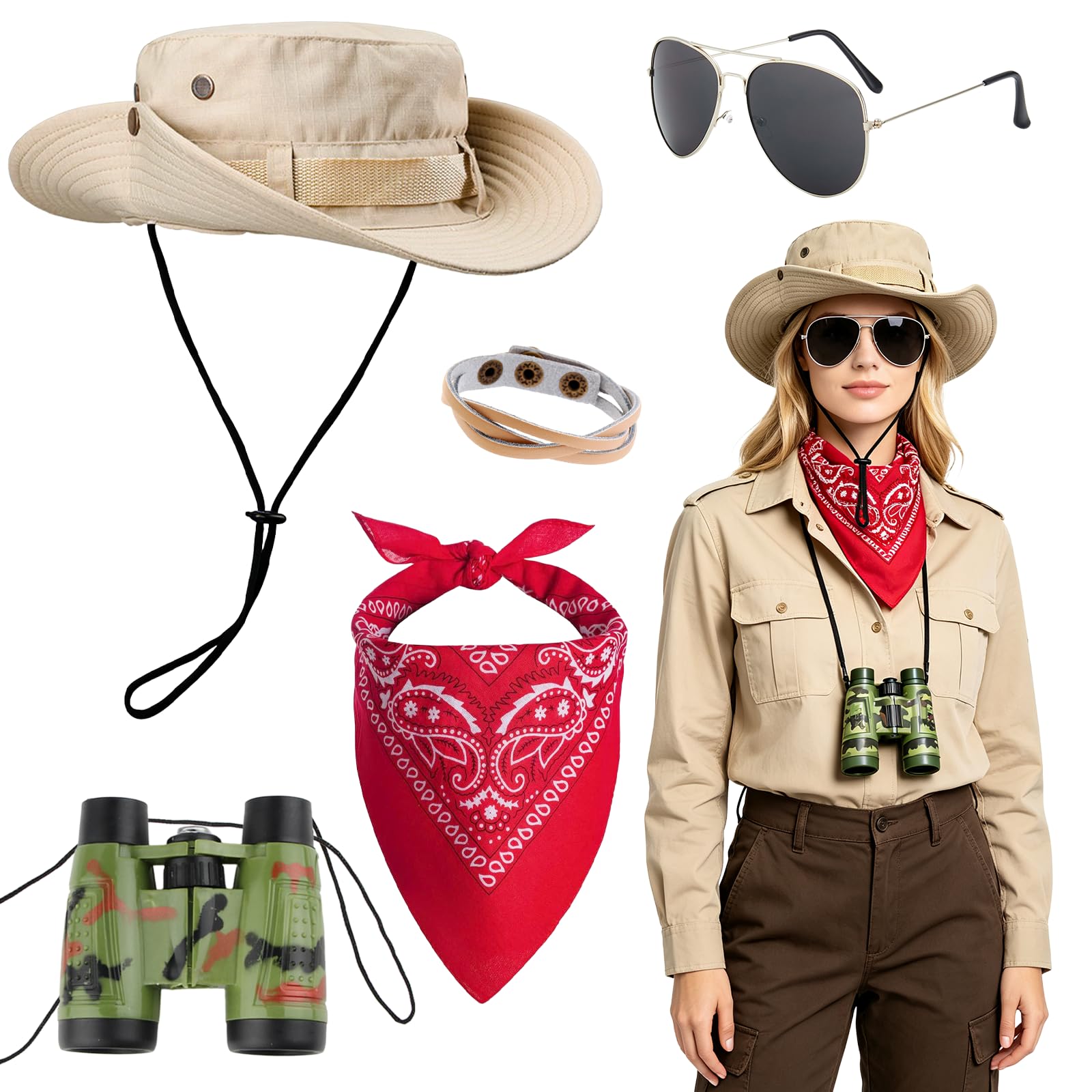 5PCS Safari Costume For Women, Safari Accessories with Safari Hat, Binoculars, Red Square Scarf, Sunglasses, Rristbands, Zookeeper Costume Adult for Halloween, Cosplay, Carnival Fancy, Dress Up Party