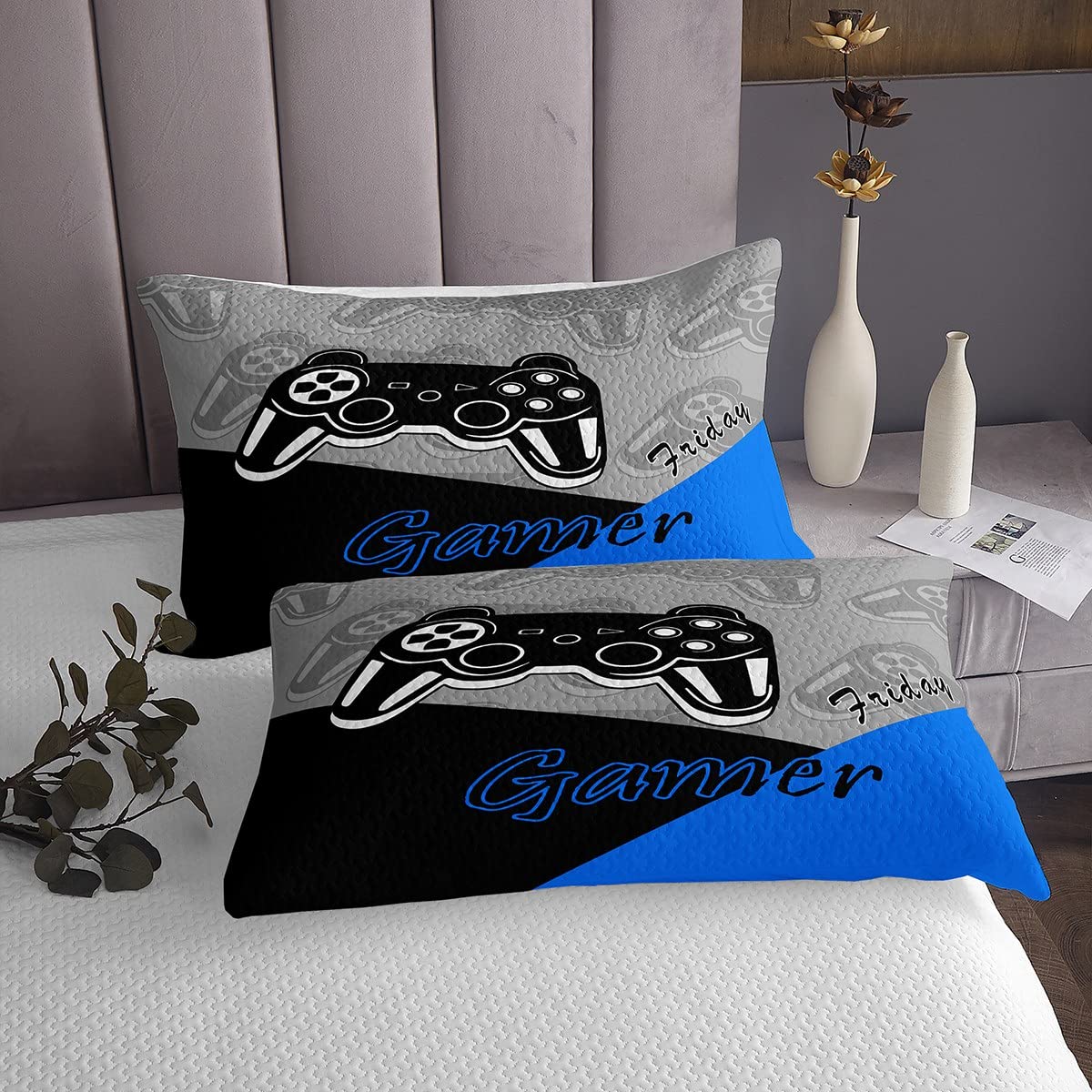Gaming Bedding Set for Teens Boys Blue and Black Gamer Bedspread Video Gamepad Home Decor Game Controller Quilt Sets Kids (Single,Grey Blue) Toddler 2 Pieces 1 Coverlet Set including 1 Pillowcases - Image 4