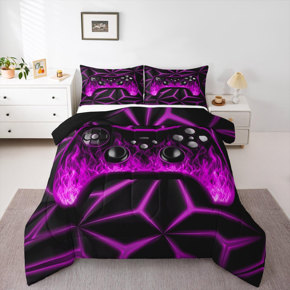 Game Bedding Sets for Boys Twin Kids Game Room Decor Comforter Set for Game Lovers,Flame Game Consoles Bedding Comforter Sets Purple Video Game Down Comforter 3D Geometric Gaming Duvet Set