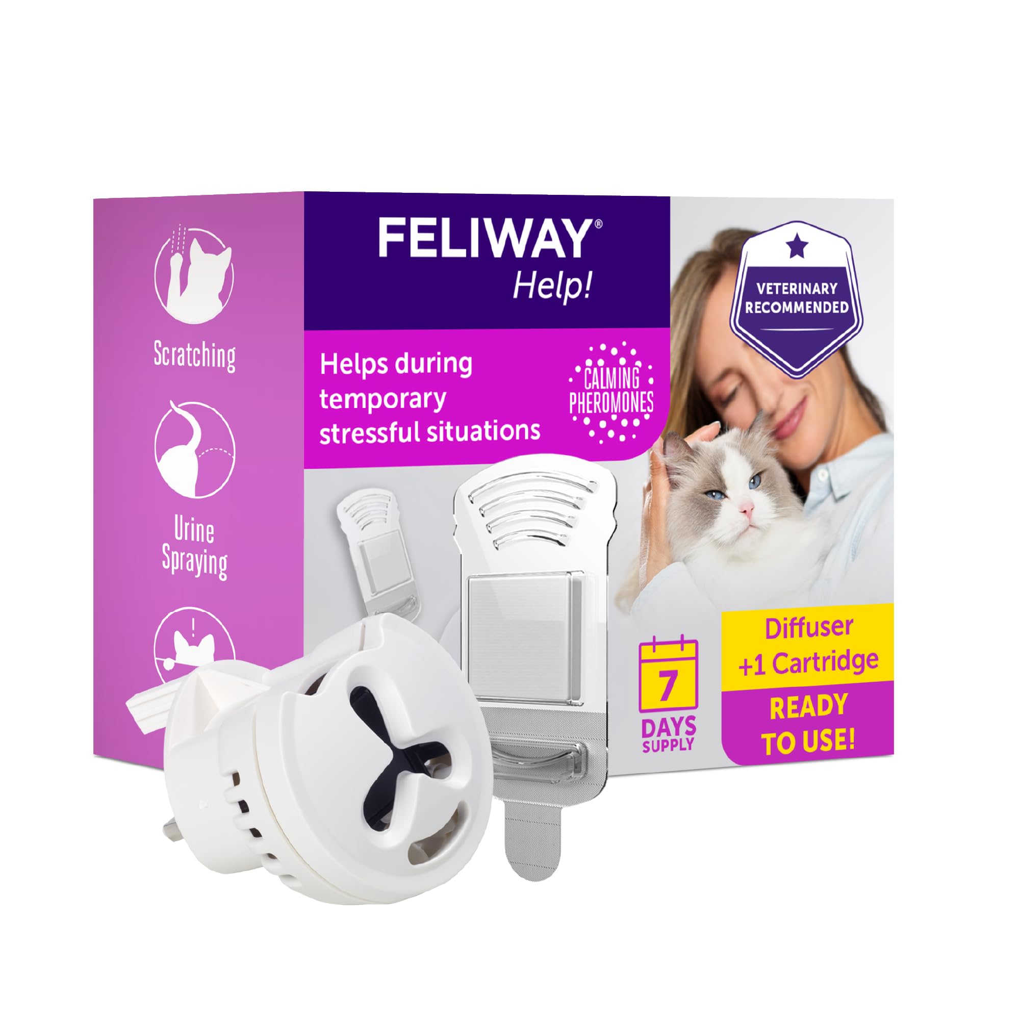 Help! 7 Day Cat Calming Odourless Plug In Pheromone Diffuser Starter Kit - Helps Calm your Cat Every Day or During Stressful Events, Veterinary Recommended, Drug-free, Clinically Proven