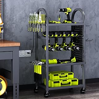 KAFAHOM Power Tool Organizer - 4 Tier Rolling Tool Cart with 8-12 Drill Holder, Heavy Duty Metal Utility Tool Shelf - Tool Storage Cart on Wheels for Garage, Workshop, Warehouse & Repair Shop