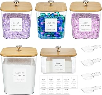 POLRAI 5 Pack Laundry Pod Containers and Dryer Sheet Holder for Laundry Room Organization Acrylic Jars with Lids and Labels for Laundry Detergent Laundry Pods Dry Sheet Organizing