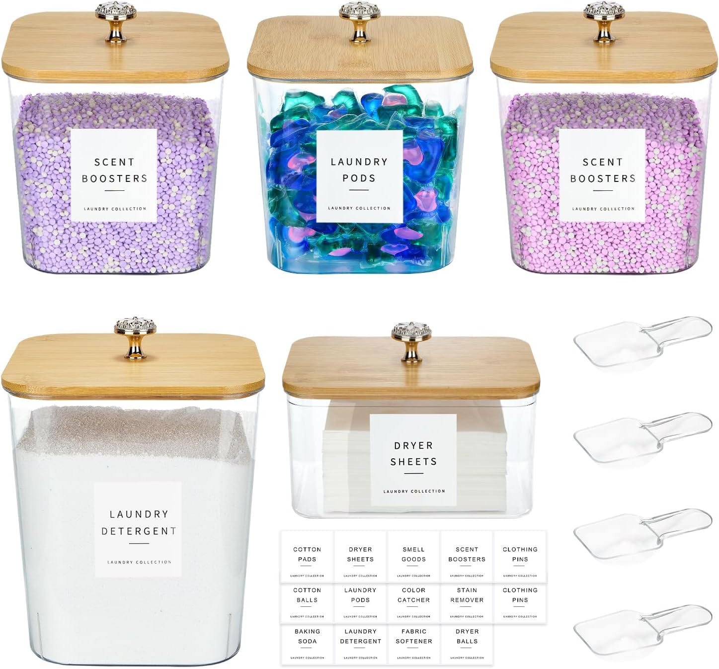 5 Pack Laundry Pod Containers and Dryer Sheet Holder for Laundry Room Organization Acrylic Jars with Lids and Labels for Laundry Detergent Laundry Pods Dry Sheet Organizing