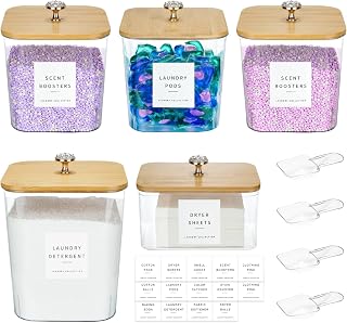 5 Pack Laundry Pod Containers and Dryer Sheet Holder for Laundry Room Organization Acrylic Jars with Lids and Labels for Laundry Detergent Laundry Pods Dry Sheet Organizing