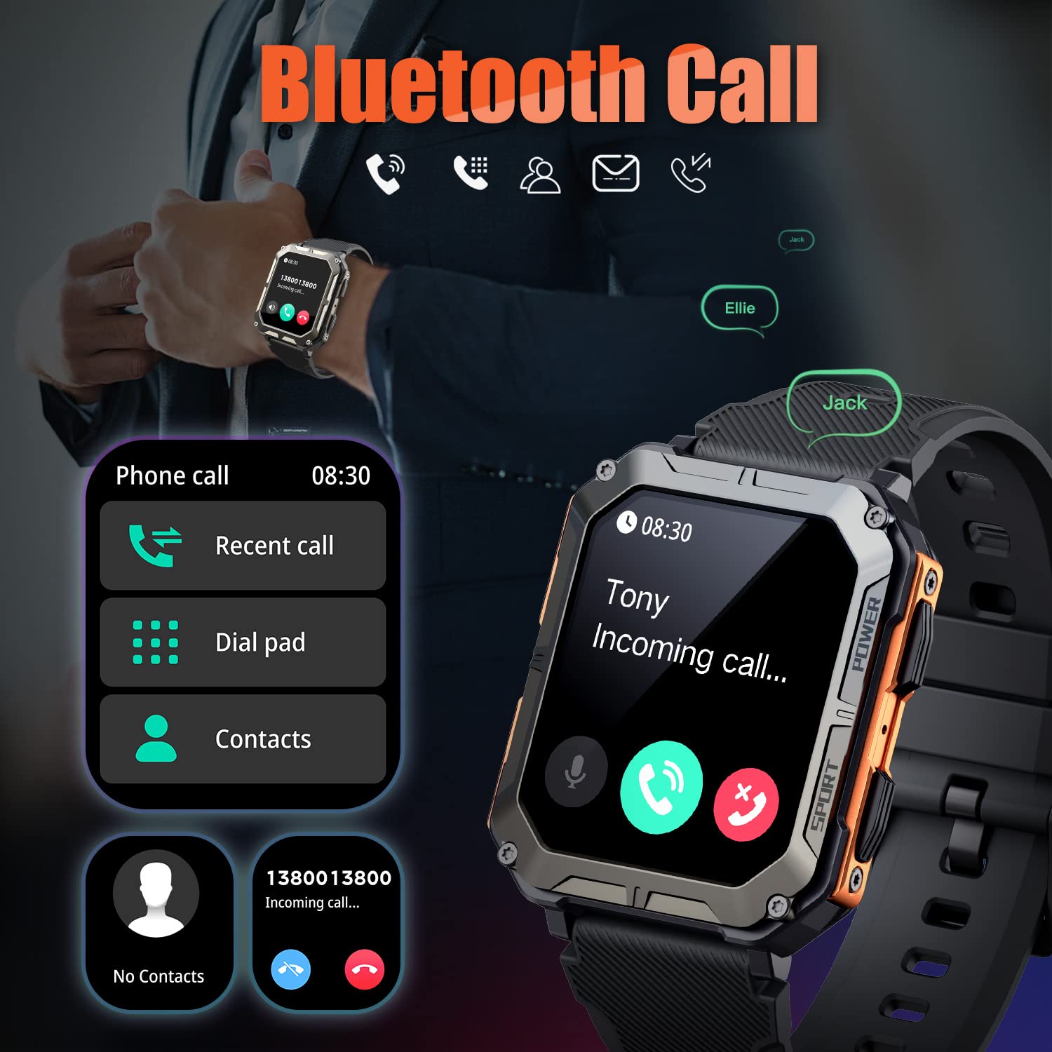 Military Rugged Smartwatch for Men,Sport Watch with Answer/Make Call IP68 1.83 inch Fitness Tracker Pedometer SpO2 for Outdoor Enthusiasts