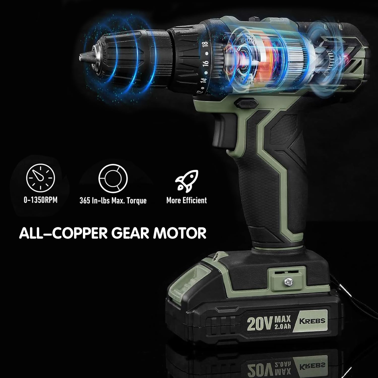 KREBS 20V Cordless Drill Set, 3/8-Inch Keyless Chuck, 2-Speed Settings, 18+1 Torque, 28pcs Drill Bits, 2.0Ah Battery & Fast Charger, LED Light, Ideal for Wood, Metal, and DIY Projects