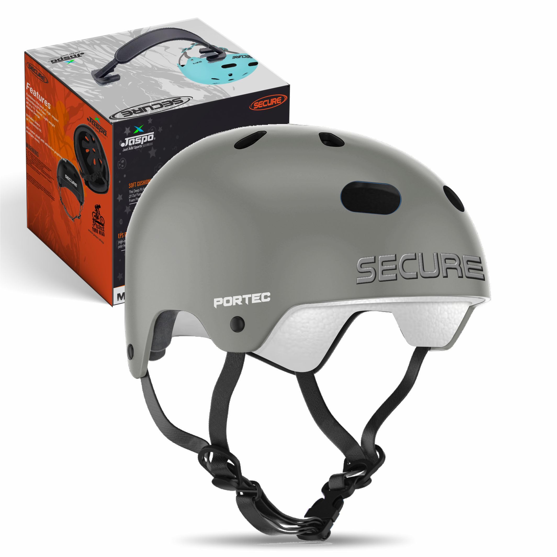 Jaspo Secure Sports Helmet for Cycling, Skating, Skateboarding - for All Age Groups (S, Grey Matte)
