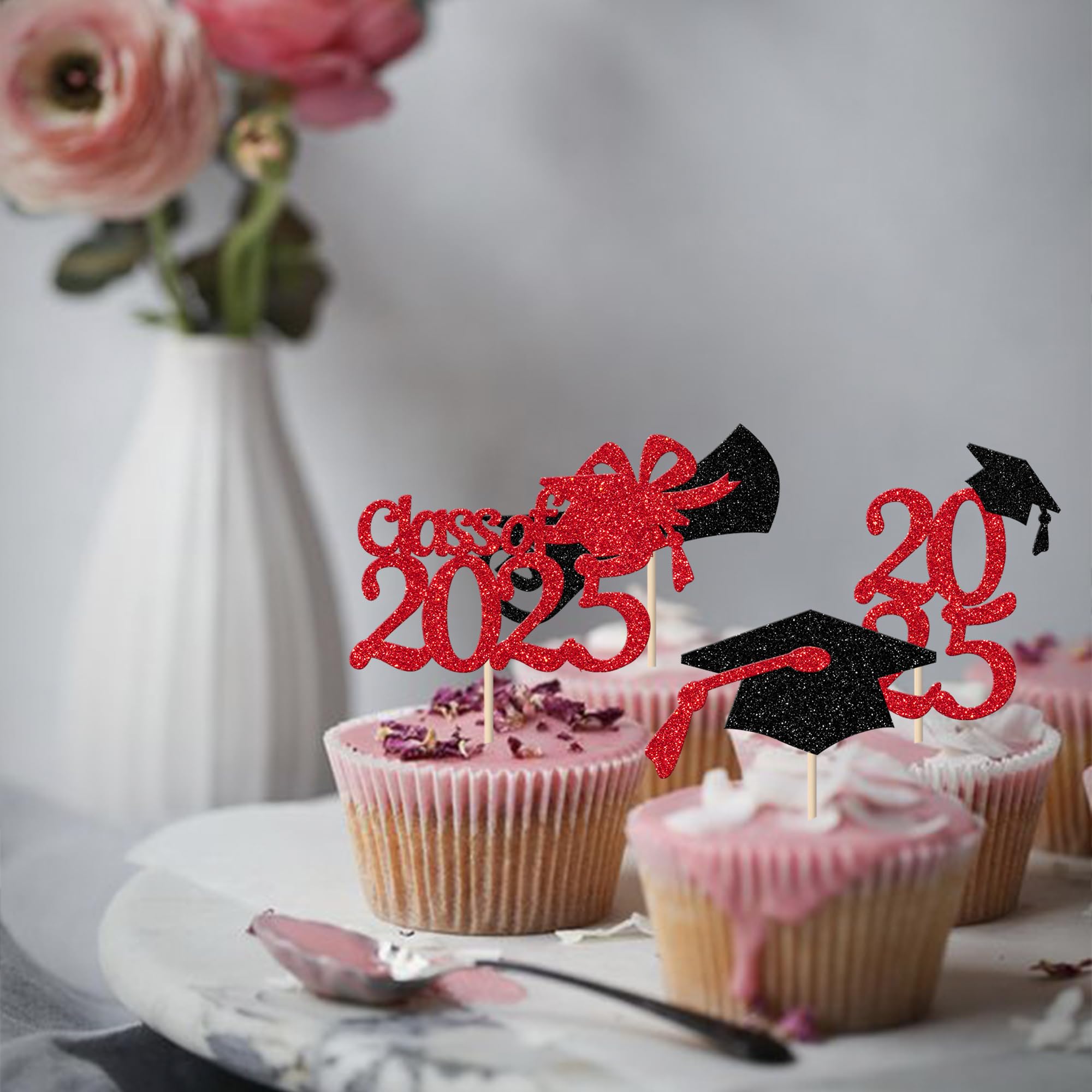 Xsstarmi 24 Pack Red Glitter 2026 Graduation Cupcake Toppers Class of 2026 Diploma Cupcake Picks for 2026 Graduation Theme Party Cake Decorations - Image 3