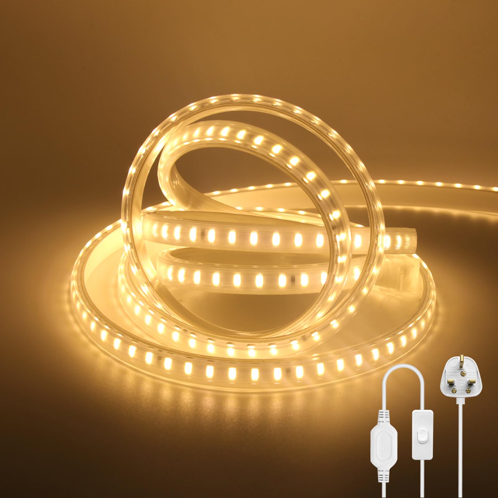 KAFULA - 220V Flexible LED Strip Light with On/Off [31m, Warm White 3000-3200K], SMD2835 IP65 Waterproof LED Fairy Lights, 120 LEDs/M Cuttable LED Rope Light CRI85+, Home/Store Decoration — image 1