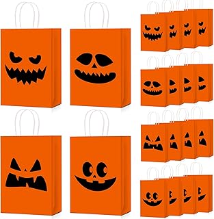 FEBSNOW 25 PCS Halloween Pumpkin Gift Bags with Handles, Halloween Kraft Paper Candy Treat Bags for Kids,Trick or Treat Goodie Gift Bags for Halloween Party Favors,Halloween Snacks Goody Bags Filler Supplies Pumpkin Decorations