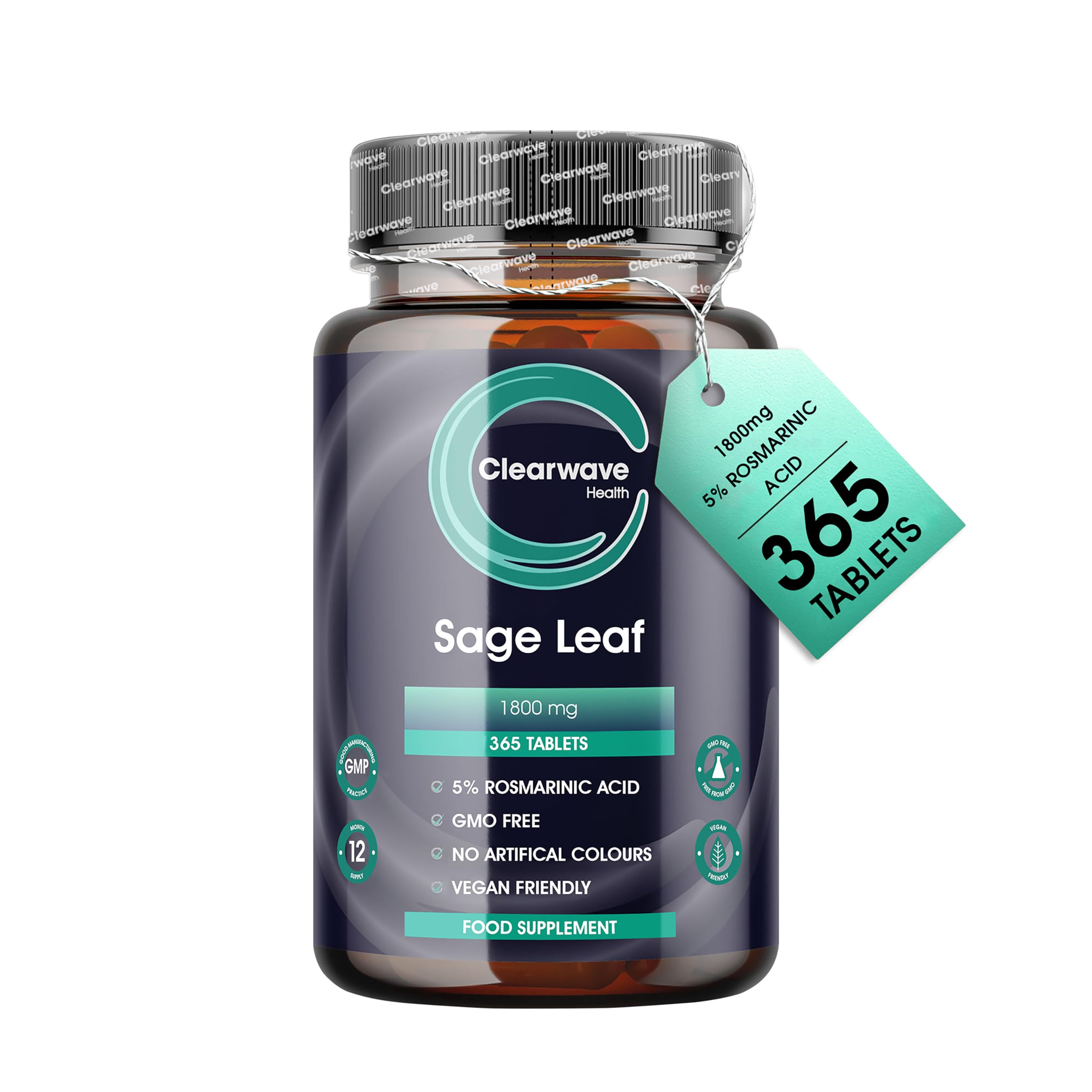 Sage Tablets - 365 Pack - 1 Year Supply - 1800mg High Strength Sage Leaf Tablets - Menopause Support - Vegan - Clearwave Health
